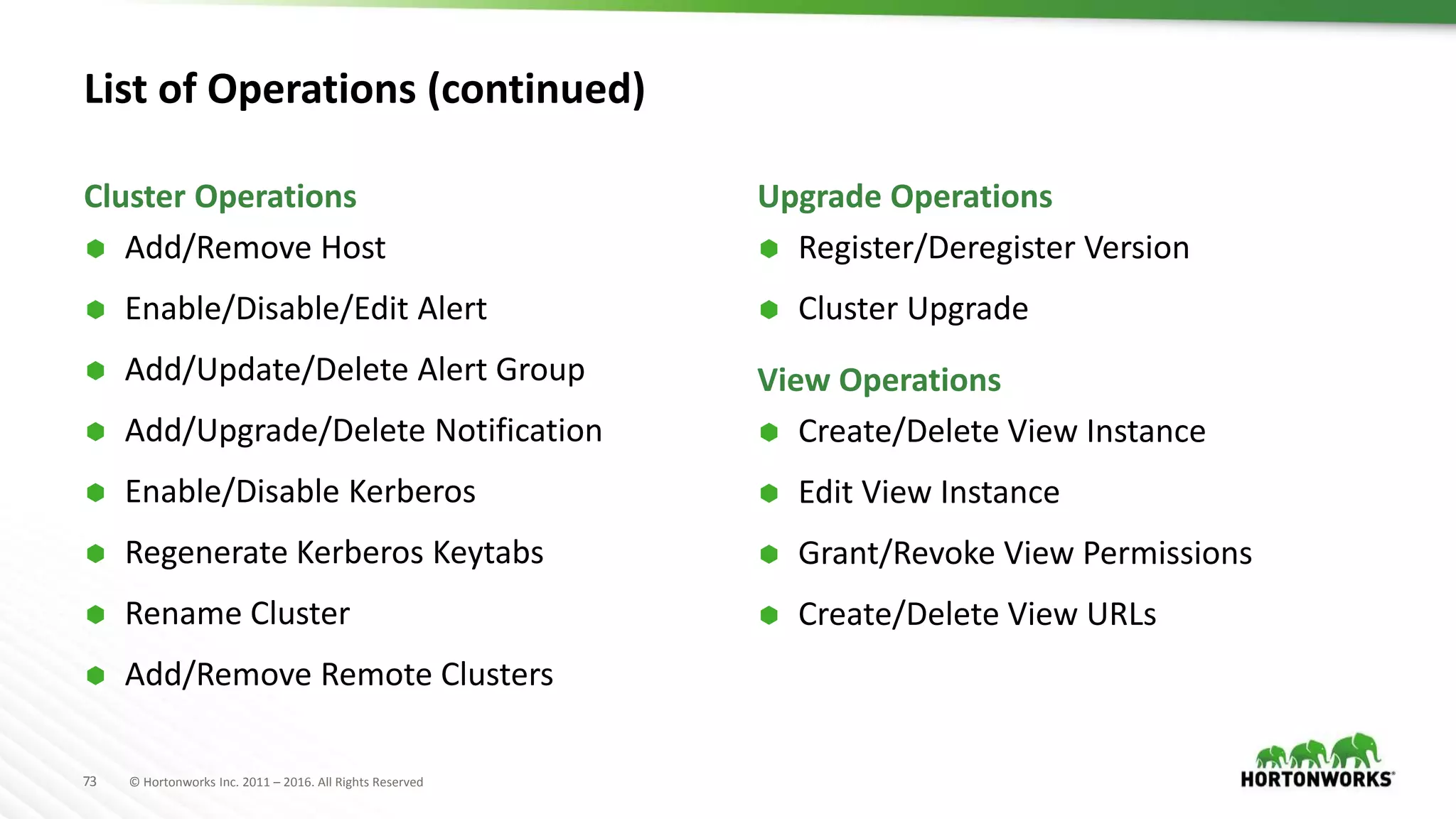 73 © Hortonworks Inc. 2011 – 2016. All Rights Reserved
List of Operations (continued)
 Add/Remove Host
 Enable/Disable/Edit Alert
 Add/Update/Delete Alert Group
 Add/Upgrade/Delete Notification
 Enable/Disable Kerberos
 Regenerate Kerberos Keytabs
 Rename Cluster
 Add/Remove Remote Clusters
 Register/Deregister Version
 Cluster Upgrade
Cluster Operations Upgrade Operations
 Create/Delete View Instance
 Edit View Instance
 Grant/Revoke View Permissions
 Create/Delete View URLs
View Operations
 