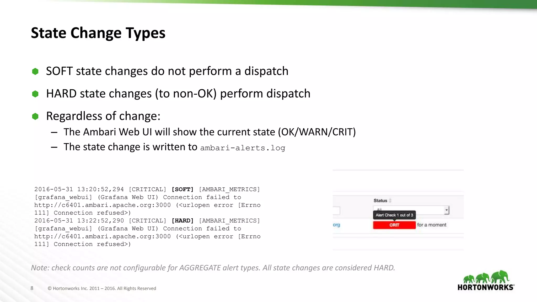 8 © Hortonworks Inc. 2011 – 2016. All Rights Reserved
State Change Types
 SOFT state changes do not perform a dispatch
 HARD state changes (to non-OK) perform dispatch
 Regardless of change:
– The Ambari Web UI will show the current state (OK/WARN/CRIT)
– The state change is written to ambari-alerts.log
2016-05-31 13:20:52,294 [CRITICAL] [SOFT] [AMBARI_METRICS]
[grafana_webui] (Grafana Web UI) Connection failed to
http://c6401.ambari.apache.org:3000 (<urlopen error [Errno
111] Connection refused>)
2016-05-31 13:22:52,290 [CRITICAL] [HARD] [AMBARI_METRICS]
[grafana_webui] (Grafana Web UI) Connection failed to
http://c6401.ambari.apache.org:3000 (<urlopen error [Errno
111] Connection refused>)
Note: check counts are not configurable for AGGREGATE alert types. All state changes are considered HARD.
 