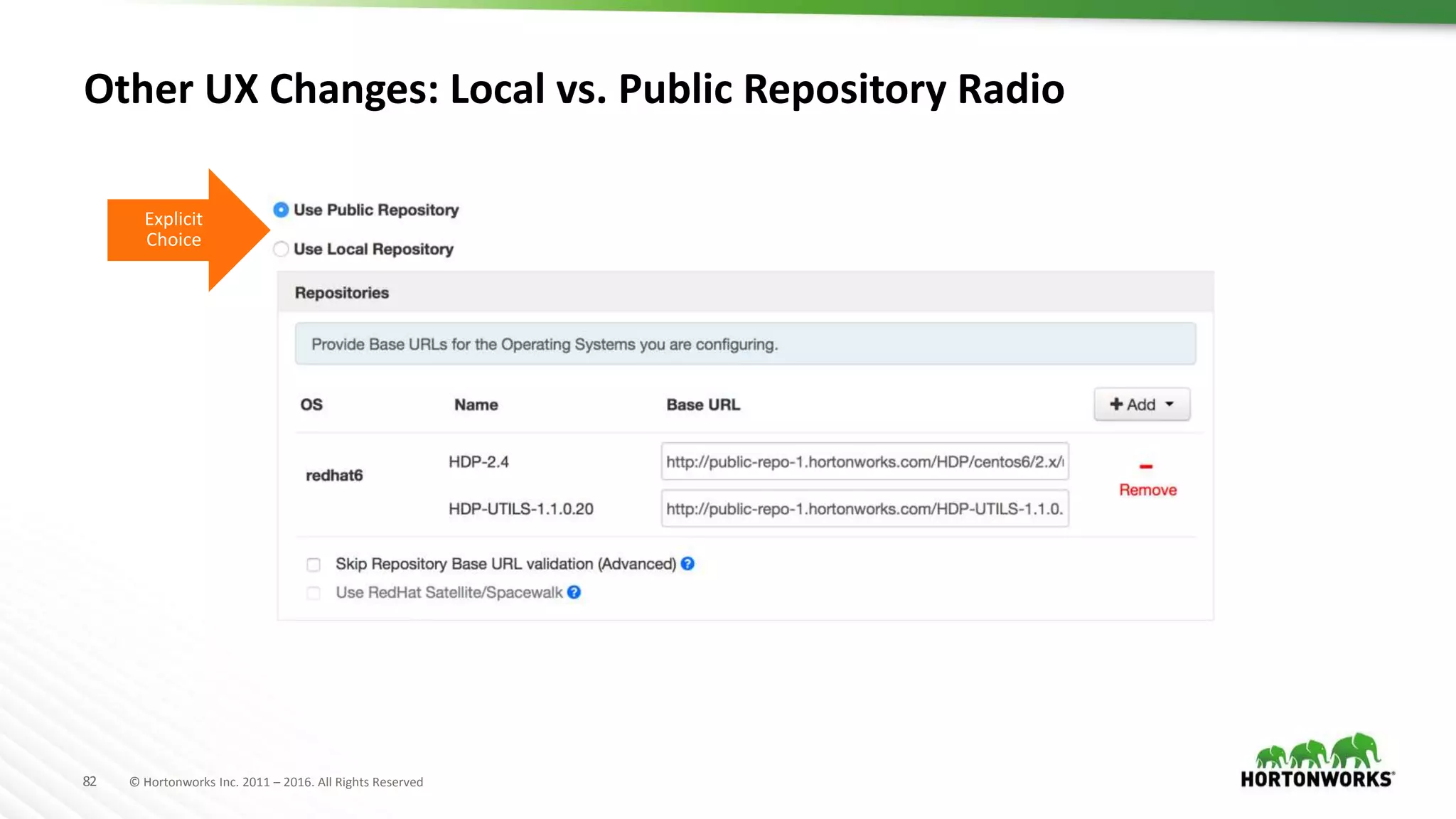 82 © Hortonworks Inc. 2011 – 2016. All Rights Reserved
Other UX Changes: Local vs. Public Repository Radio
Explicit
Choice
 