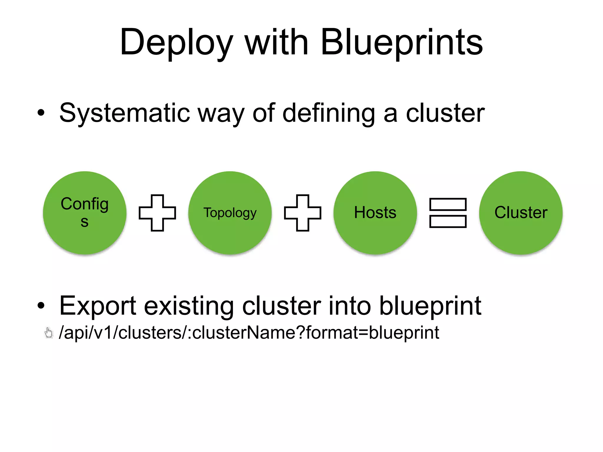 Deploy with Blueprints
• Systematic way of defining a cluster
• Export existing cluster into blueprint
/api/v1/clusters/:clusterName?format=blueprint
Config
s
Topology Hosts Cluster
 