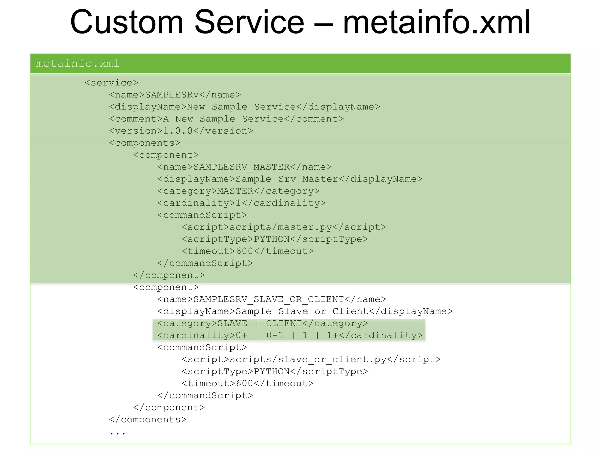 Custom Service – metainfo.xml
<service>
<name>SAMPLESRV</name>
<displayName>New Sample Service</displayName>
<comment>A New Sample Service</comment>
<version>1.0.0</version>
<components>
<component>
<name>SAMPLESRV_MASTER</name>
<displayName>Sample Srv Master</displayName>
<category>MASTER</category>
<cardinality>1</cardinality>
<commandScript>
<script>scripts/master.py</script>
<scriptType>PYTHON</scriptType>
<timeout>600</timeout>
</commandScript>
</component>
<component>
<name>SAMPLESRV_SLAVE_OR_CLIENT</name>
<displayName>Sample Slave or Client</displayName>
<category>SLAVE | CLIENT</category>
<cardinality>0+ | 0-1 | 1 | 1+</cardinality>
<commandScript>
<script>scripts/slave_or_client.py</script>
<scriptType>PYTHON</scriptType>
<timeout>600</timeout>
</commandScript>
</component>
</components>
...
metainfo.xml
 