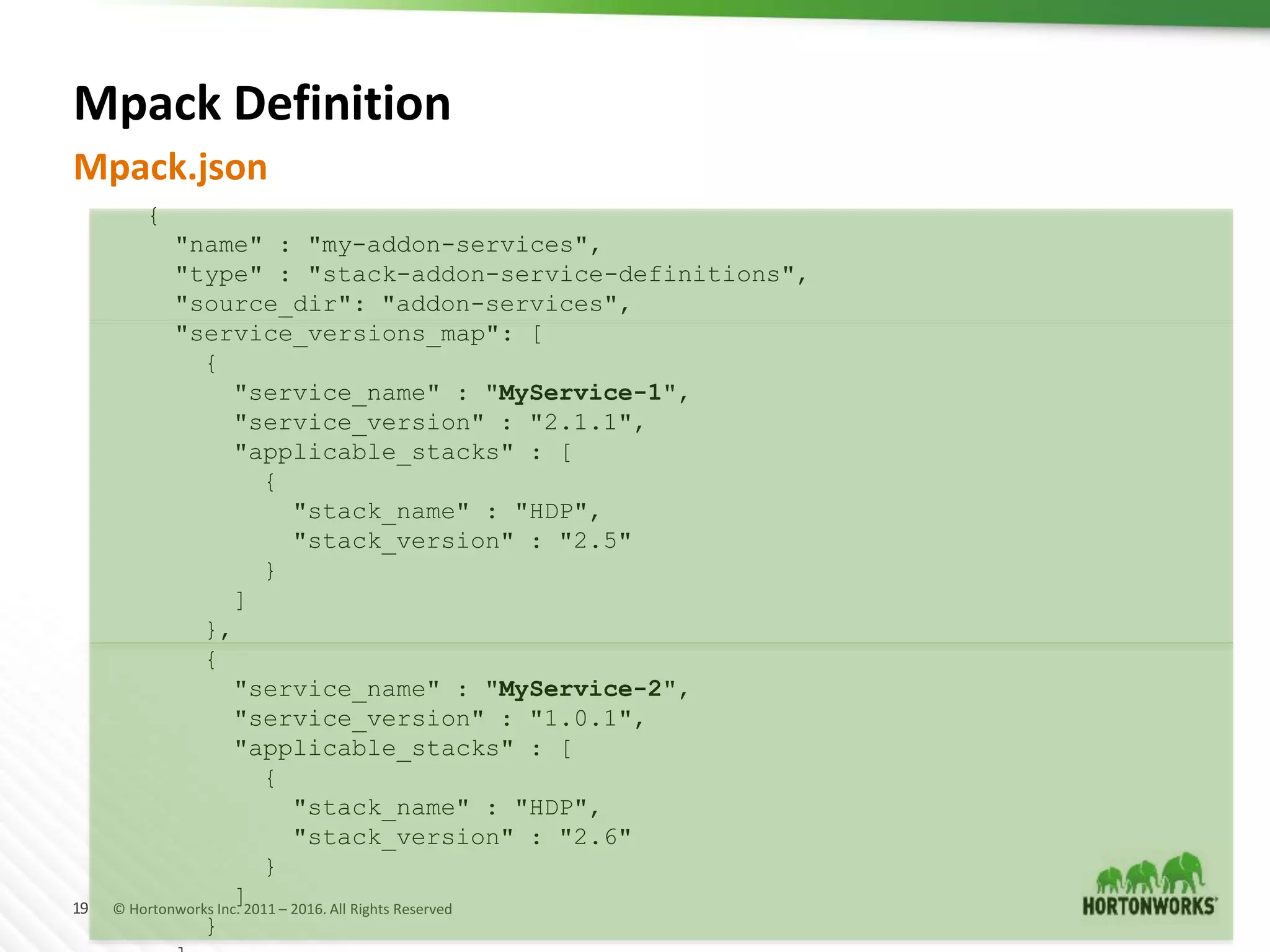 19 © Hortonworks Inc. 2011 – 2016. All Rights Reserved
Mpack Definition
Mpack.json
{
"name" : "my-addon-services",
"type" : "stack-addon-service-definitions",
"source_dir": "addon-services",
"service_versions_map": [
{
"service_name" : "MyService-1",
"service_version" : "2.1.1",
"applicable_stacks" : [
{
"stack_name" : "HDP",
"stack_version" : "2.5"
}
]
},
{
"service_name" : "MyService-2",
"service_version" : "1.0.1",
"applicable_stacks" : [
{
"stack_name" : "HDP",
"stack_version" : "2.6"
}
]
}
 