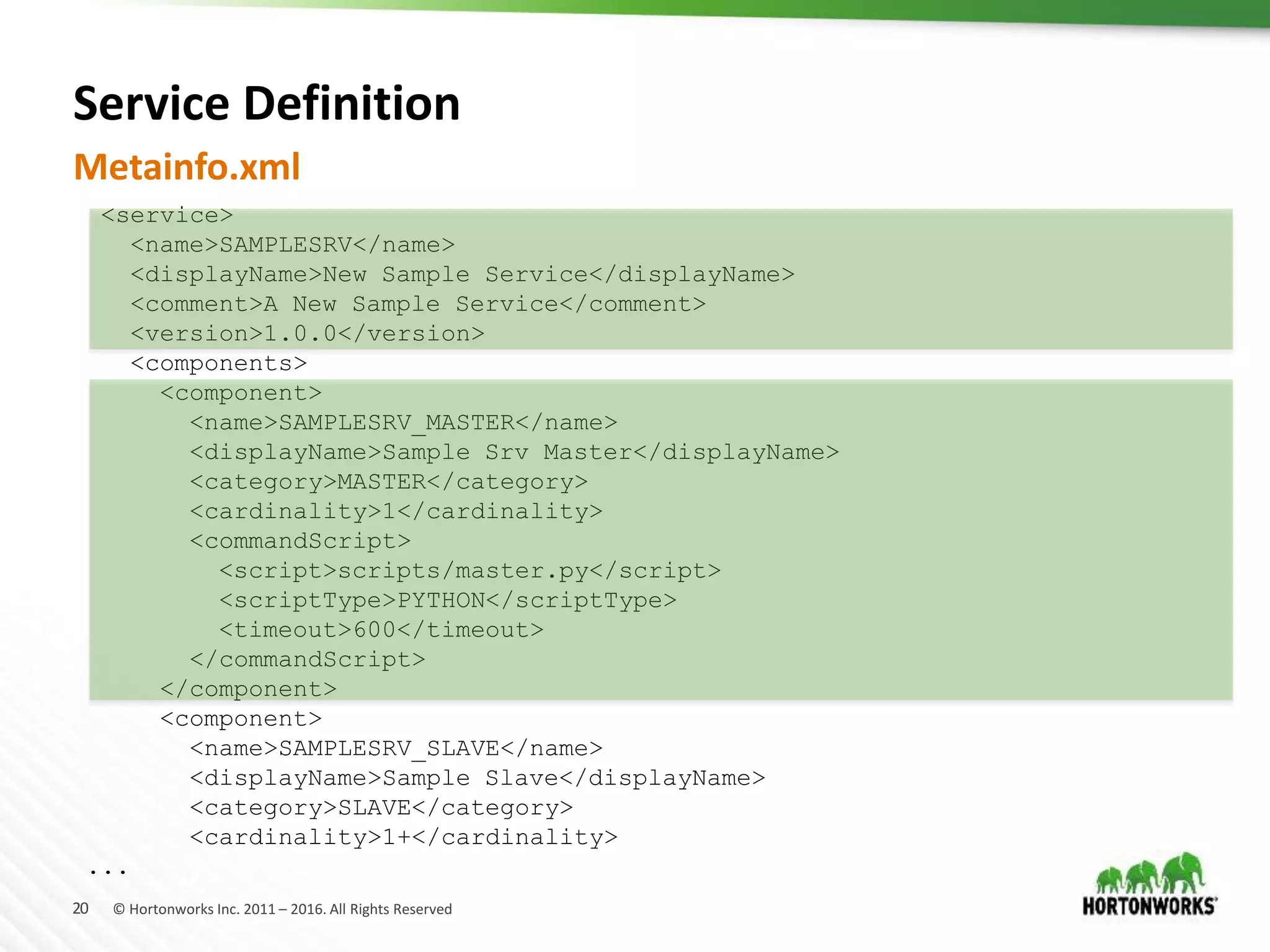 20 © Hortonworks Inc. 2011 – 2016. All Rights Reserved
Service Definition
Metainfo.xml
<service>
<name>SAMPLESRV</name>
<displayName>New Sample Service</displayName>
<comment>A New Sample Service</comment>
<version>1.0.0</version>
<components>
<component>
<name>SAMPLESRV_MASTER</name>
<displayName>Sample Srv Master</displayName>
<category>MASTER</category>
<cardinality>1</cardinality>
<commandScript>
<script>scripts/master.py</script>
<scriptType>PYTHON</scriptType>
<timeout>600</timeout>
</commandScript>
</component>
<component>
<name>SAMPLESRV_SLAVE</name>
<displayName>Sample Slave</displayName>
<category>SLAVE</category>
<cardinality>1+</cardinality>
...
 