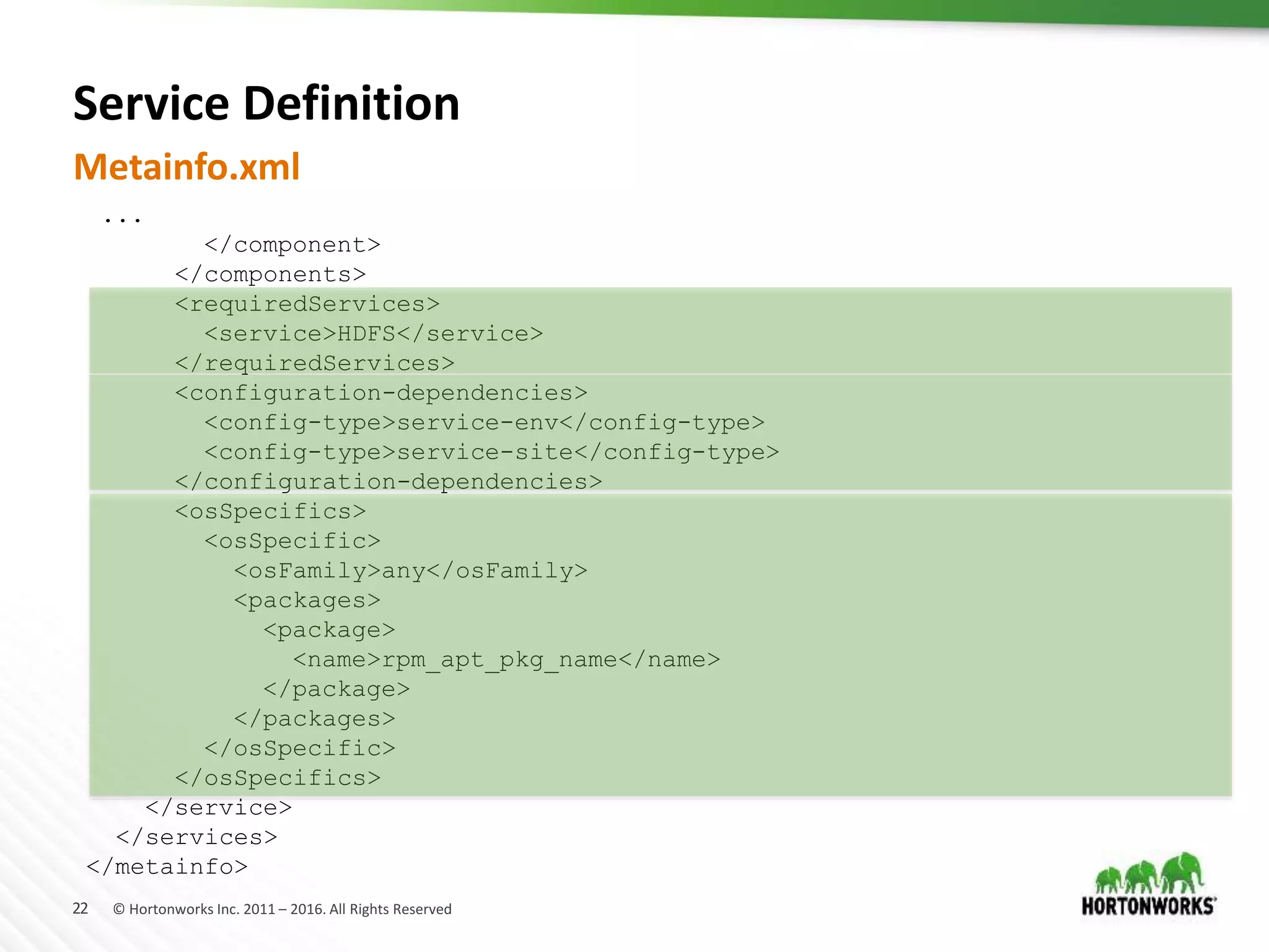 22 © Hortonworks Inc. 2011 – 2016. All Rights Reserved
Service Definition
Metainfo.xml
...
</component>
</components>
<requiredServices>
<service>HDFS</service>
</requiredServices>
<configuration-dependencies>
<config-type>service-env</config-type>
<config-type>service-site</config-type>
</configuration-dependencies>
<osSpecifics>
<osSpecific>
<osFamily>any</osFamily>
<packages>
<package>
<name>rpm_apt_pkg_name</name>
</package>
</packages>
</osSpecific>
</osSpecifics>
</service>
</services>
</metainfo>
 