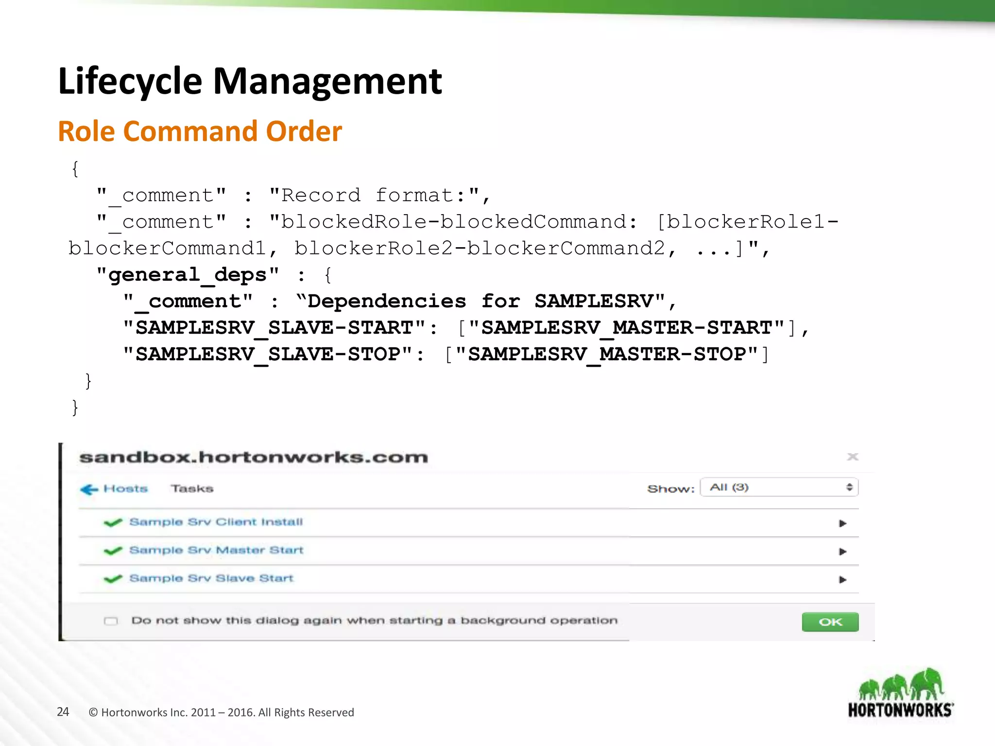24 © Hortonworks Inc. 2011 – 2016. All Rights Reserved
Lifecycle Management
Role Command Order
{
"_comment" : "Record format:",
"_comment" : "blockedRole-blockedCommand: [blockerRole1-
blockerCommand1, blockerRole2-blockerCommand2, ...]",
"general_deps" : {
"_comment" : “Dependencies for SAMPLESRV",
"SAMPLESRV_SLAVE-START": ["SAMPLESRV_MASTER-START"],
"SAMPLESRV_SLAVE-STOP": ["SAMPLESRV_MASTER-STOP"]
}
}
 