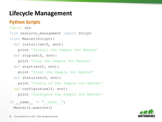 23 © Hortonworks Inc. 2011 – 2016. All Rights Reserved
Lifecycle Management
import sys
from resource_management import Script
class Master(Script):
def install(self, env):
print 'Install the Sample Srv Master'
def stop(self, env):
print 'Stop the Sample Srv Master'
def start(self, env):
print 'Start the Sample Srv Master'
def status(self, env):
print 'Status of the Sample Srv Master'
def configure(self, env):
print 'Configure the Sample Srv Master'
if __name__ == "__main__":
Master().execute()
Python Scripts
 