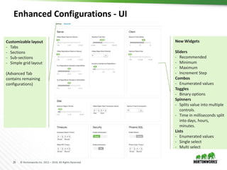 26 © Hortonworks Inc. 2011 – 2016. All Rights Reserved
Enhanced Configurations - UI
Customizable layout
- Tabs
- Sections
- Sub-sections
- Simple grid layout
(Advanced Tab
contains remaining
configurations)
New Widgets
Sliders
- Recommended
- Minimum
- Maximum
- Increment Step
Combos
- Enumerated values
Toggles
- Binary options
Spinners
- Splits value into multiple
controls.
- Time in milliseconds split
into days, hours,
minutes.
Lists
- Enumerated values
- Single select
- Multi select
 