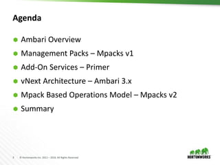 3 © Hortonworks Inc. 2011 – 2016. All Rights Reserved
Agenda
 Ambari Overview
 Management Packs – Mpacks v1
 Add-On Services – Primer
 vNext Architecture – Ambari 3.x
 Mpack Based Operations Model – Mpacks v2
 Summary
 