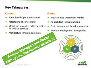 43 © Hortonworks Inc. 2011 – 2016. All Rights Reserved
Key Takeaways
 Stack Based Operations Model
 Refactoring at service level
 Mpacks v1 provided delivery vehicle
for add-on services
 Architecture limitations remain
 Mpack Based Operations Model
 Re-architect from ground up
 First class support for add-on services
 Modular deployments & upgrades
Current Future
A
M P
 