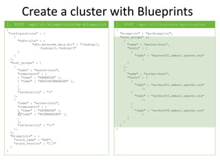 Create a cluster with Blueprints
{
"configurations" : [
{
"hdfs-site" : {
"dfs.datanode.data.dir" : "/hadoop/1,
/hadoop/2,/hadoop/3"
}
}
],
"host_groups" : [
{
"name" : "master-host",
"components" : [
{ "name" : "NAMENODE” },
{ "name" : "RESOURCEMANAGER” },
…
],
"cardinality" : "1"
},
{
"name" : "worker-host",
"components" : [
{ "name" : "DATANODE" },
{ "name" : "NODEMANAGER” },
…
],
"cardinality" : "1+"
},
],
"Blueprints" : {
"stack_name" : "HDP",
"stack_version" : "2.5"
}
}
{
"blueprint" : "my-blueprint",
"host_groups" :[
{
"name" : "master-host",
"hosts" : [
{
"fqdn" : "master001.ambari.apache.org"
}
]
},
{
"name" : "worker-host",
"hosts" : [
{
"fqdn" : "worker001.ambari.apache.org"
},
{
"fqdn" : "worker002.ambari.apache.org"
},
…
{
"fqdn" : "worker099.ambari.apache.org"
}
]
}
]
}
1. POST /api/v1/blueprints/my-blueprint 2. POST /api/v1/clusters/my-cluster
 