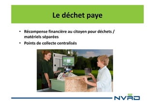 Le déchet paye
• Récompense financière au citoyen pour déchets /
matériels séparées
• Points de collecte centralisés

 