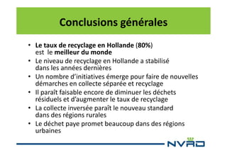 Conclusions générales
• Le taux de recyclage en Hollande (80%)
est le meilleur du monde
• Le niveau de recyclage en Hollande a stabilisé
dans les années dernières
• Un nombre d’initiatives émerge pour faire de nouvelles
démarches en collecte séparée et recyclage
• Il paraît faisable encore de diminuer les déchets
résiduels et d’augmenter le taux de recyclage
• La collecte inversée paraît le nouveau standard
dans des régions rurales
• Le déchet paye promet beaucoup dans des régions
urbaines

 