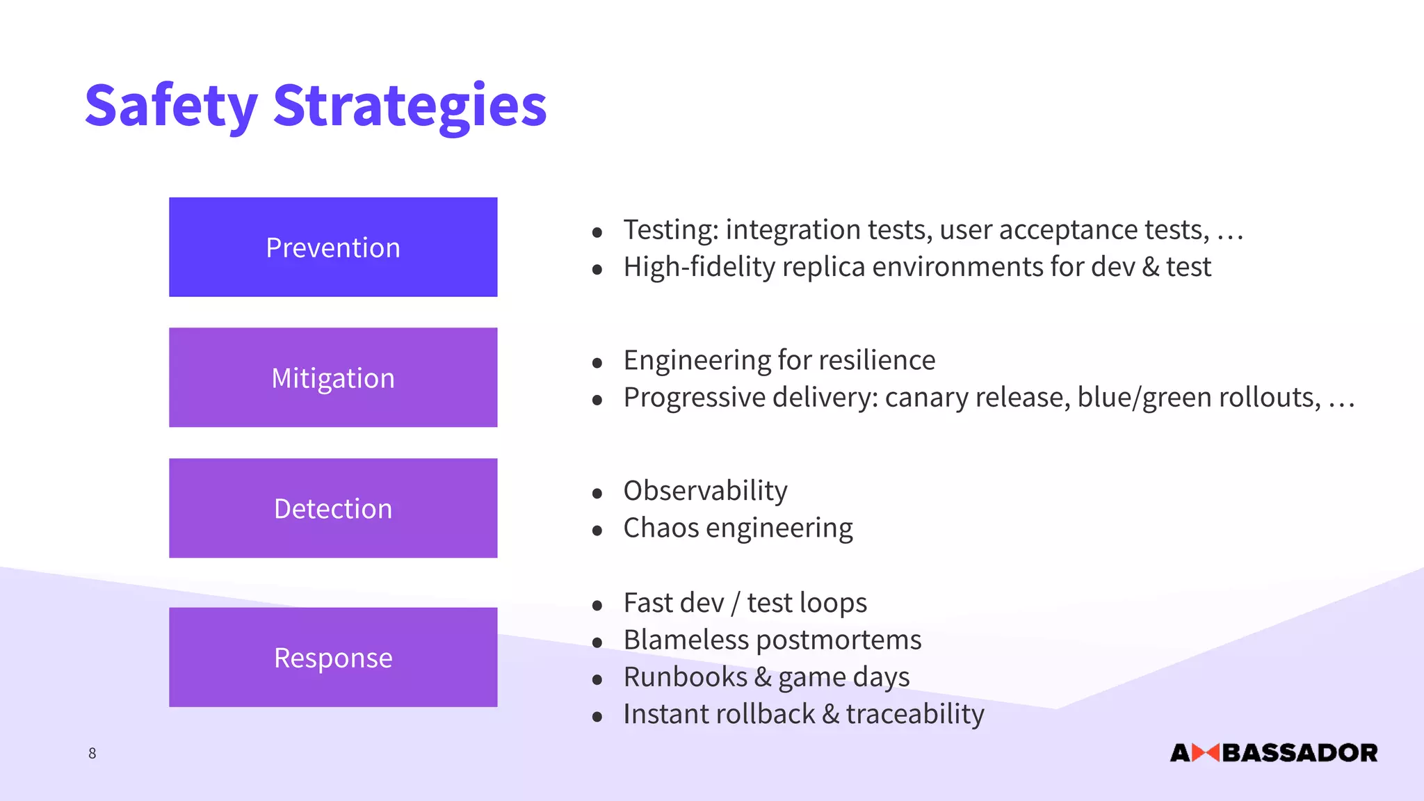 Safety Strategies
8
Prevention
Mitigation
Detection
Response
• Testing: integration tests, user acceptance tests, …
• High-fidelity replica environments for dev & test
• Engineering for resilience
• Progressive delivery: canary release, blue/green rollouts, …
• Observability
• Chaos engineering
• Fast dev / test loops
• Blameless postmortems
• Runbooks & game days
• Instant rollback & traceability
 