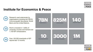 4
Research used extensively by
organisations including the OECD,
Commonwealth Secretariat, World
Bank and the United Nations.
Work is included in 1,000s of
university courses and trained over
1,100 IEP ambassadors.
Institute for Economics & Peace
Over 100,000 downloads of IEP
reports last 12 months.
 