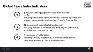 Global Peace Index Indicators
6 measures of ongoing domestic and international
conflict
Including: intensity of organized internal conflicts, relations with
neighbouring countries and number of deaths from conflict
Including: number of refugees and IDPs, impact of terrorism,
homicide and incarceration rates
Including: military expenditure, number of armed service
personnel, ease of access to small weapons
10 measures of societal safety and security
7 measures of militarisation
 