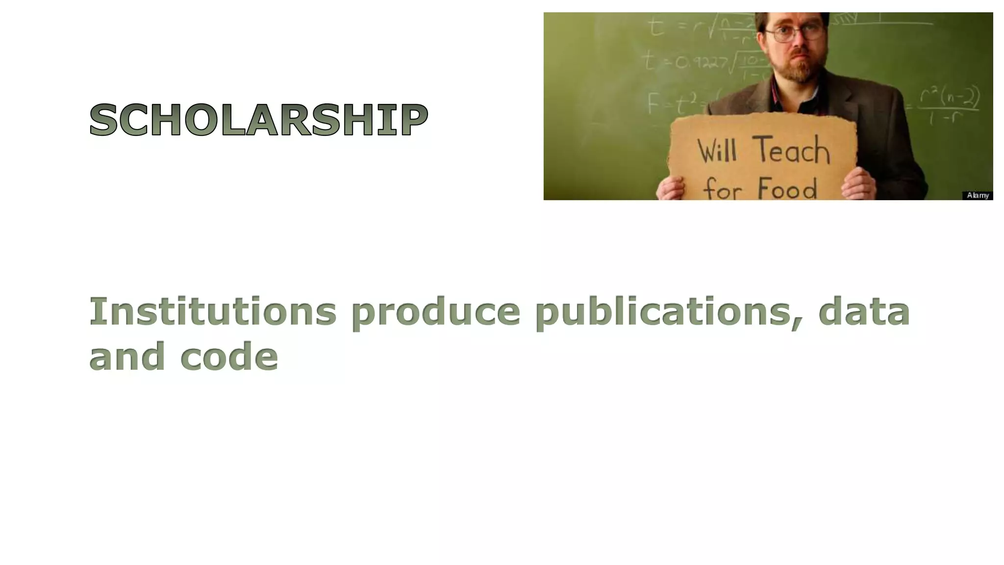 Institutions produce publications, data 
and code 
 