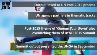 Output linked to UN Post-2015 process
UN agency partners in thematic tracks
Post-2015 theme of ‘Change Your World’ also
overarching them of BYND 2015 Summit
Summit output presented the UNGA in September
 