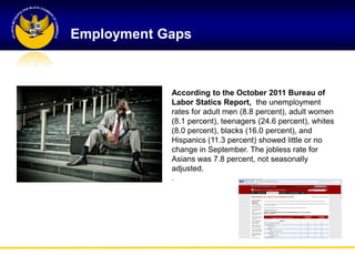 Employment Gaps



            According to the October 2011 Bureau of
            Labor Statics Report, the unemployment
            rates for adult men (8.8 percent), adult women
            (8.1 percent), teenagers (24.6 percent), whites
            (8.0 percent), blacks (16.0 percent), and
            Hispanics (11.3 percent) showed little or no
            change in September. The jobless rate for
            Asians was 7.8 percent, not seasonally
            adjusted.
            .
 