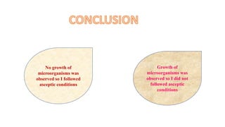 No growth of
microorganisms was
observed so I followed
asceptic conditions
Growth of
microorganisms was
observed so I did not
followed asceptic
conditions
 