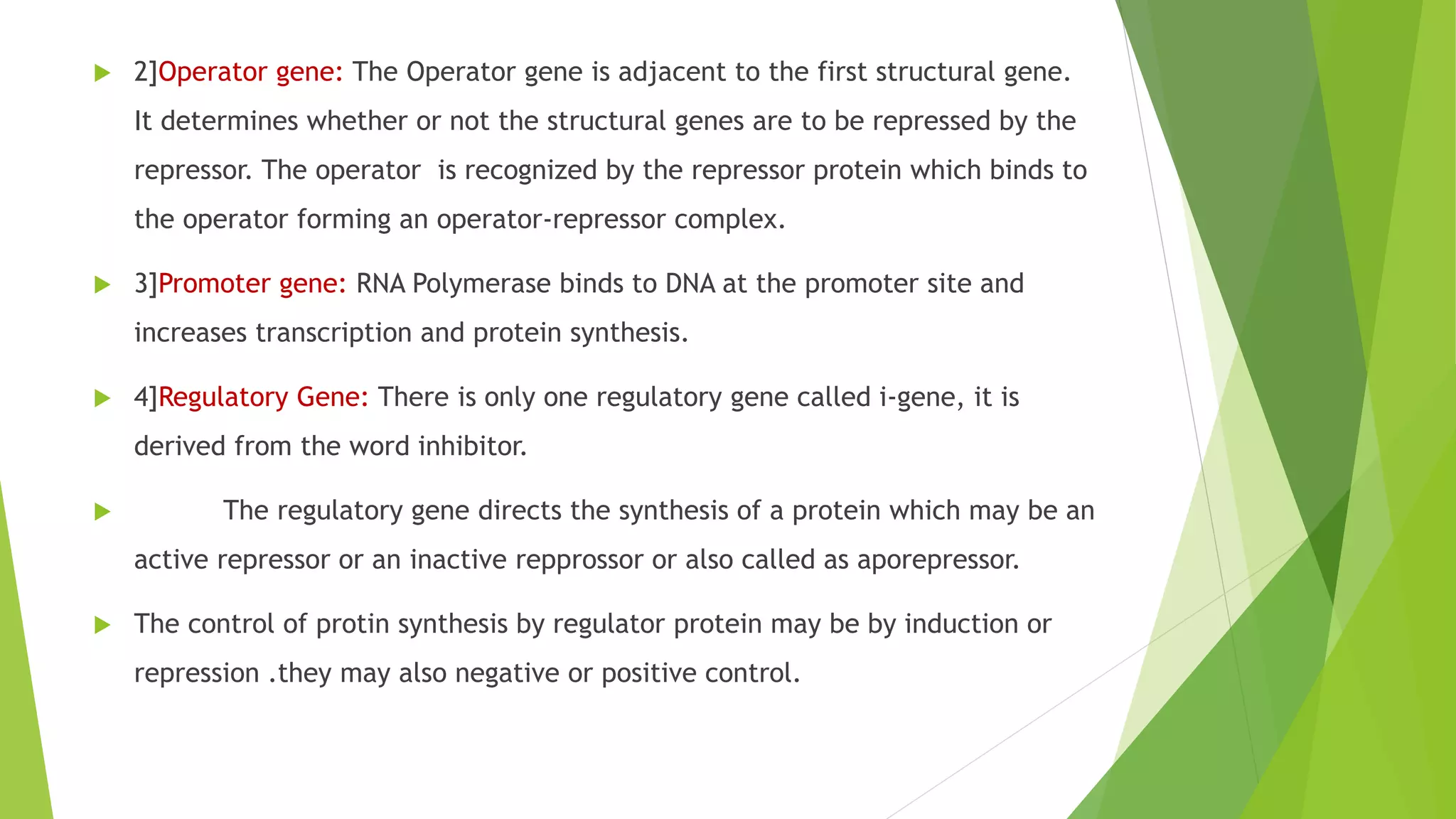  2]Operator gene: The Operator gene is adjacent to the first structural gene.
It determines whether or not the structural genes are to be repressed by the
repressor. The operator is recognized by the repressor protein which binds to
the operator forming an operator-repressor complex.
 3]Promoter gene: RNA Polymerase binds to DNA at the promoter site and
increases transcription and protein synthesis.
 4]Regulatory Gene: There is only one regulatory gene called i-gene, it is
derived from the word inhibitor.
 The regulatory gene directs the synthesis of a protein which may be an
active repressor or an inactive repprossor or also called as aporepressor.
 The control of protin synthesis by regulator protein may be by induction or
repression .they may also negative or positive control.
 