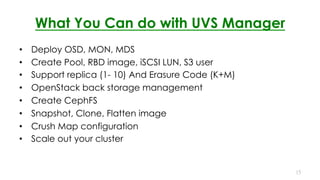 What You Can do with UVS Manager
•  Deploy OSD, MON, MDS
•  Create Pool, RBD image, iSCSI LUN, S3 user
•  Support replica (1- 10) And Erasure Code (K+M)
•  OpenStack back storage management
•  Create CephFS
•  Snapshot, Clone, Flatten image
•  Crush Map configuration
•  Scale out your cluster
15
 