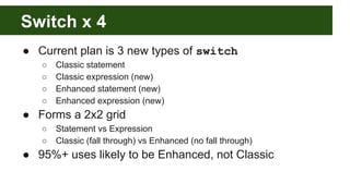 Switch x 4
● Current plan is 3 new types of switch
○ Classic statement
○ Classic expression (new)
○ Enhanced statement (new)
○ Enhanced expression (new)
● Forms a 2x2 grid
○ Statement vs Expression
○ Classic (fall through) vs Enhanced (no fall through)
● 95%+ uses likely to be Enhanced, not Classic
 