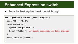 Enhanced Expression switch
● Arrow implies/requires break, no fall through
var lightName = switch (trafficLight) {
case RED -> "Red";
case YELLOW -> {
System.out.println();
break "Yellow"; // break required, no fall through
}
case GREEN -> "Green";
}
 