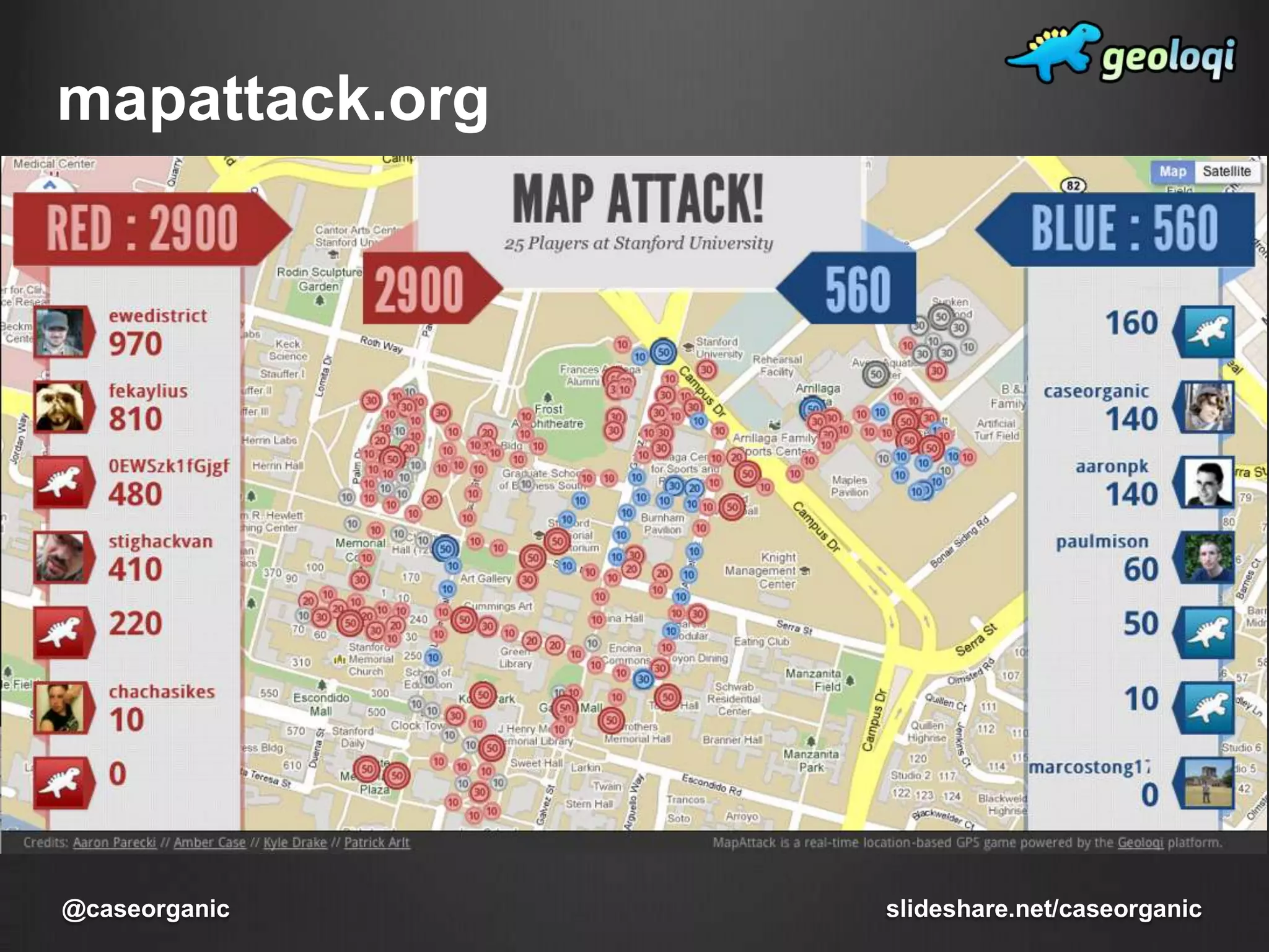 Made by Reid Beels at a GeoloqiHackathonReal-time location-based gamingslideshare.net/caseorganic@caseorganic