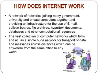 • A network of networks, joining many government,
university and private computers together and
providing an infrastructure for the use of E-mail,
bulletin boards, file archives, hypertext documents,
databases and other computational resources
• The vast collection of computer networks which form
and act as a single huge network for transport of data
and messages across distances which can be
anywhere from the same office to anywhere in the
world.

 