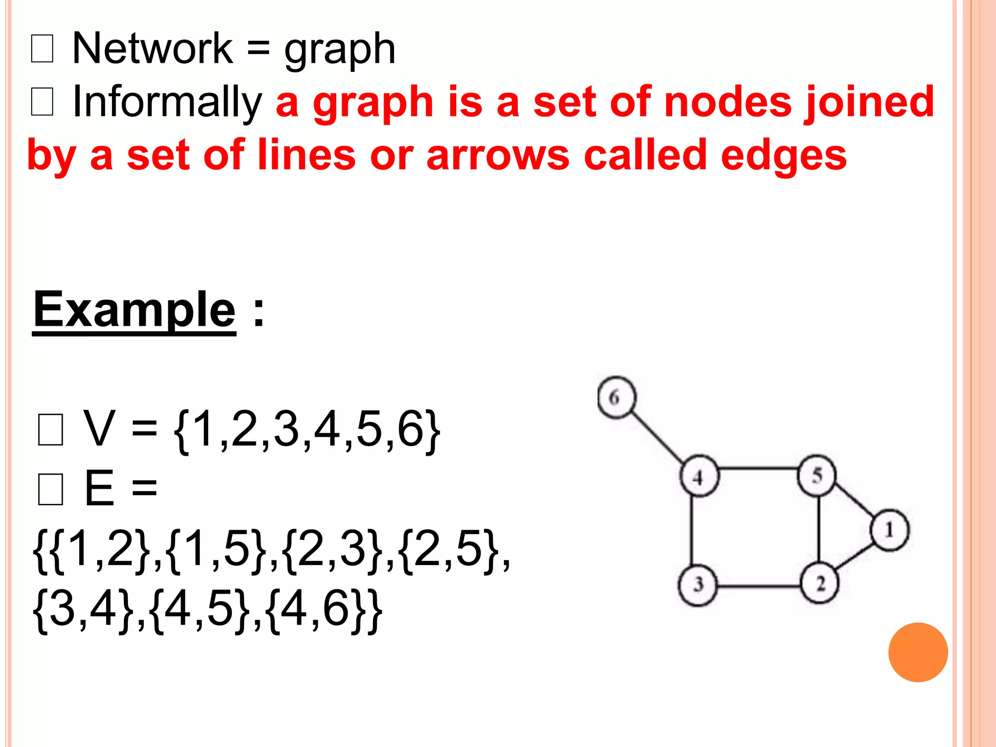 Network = graph
Informally a graph is a set of nodes joined
by a set of lines or arrows called edges
Example :
V = {1,2,3,4,5,6}
E =
{{1,2},{1,5},{2,3},{2,5},
{3,4},{4,5},{4,6}}
 