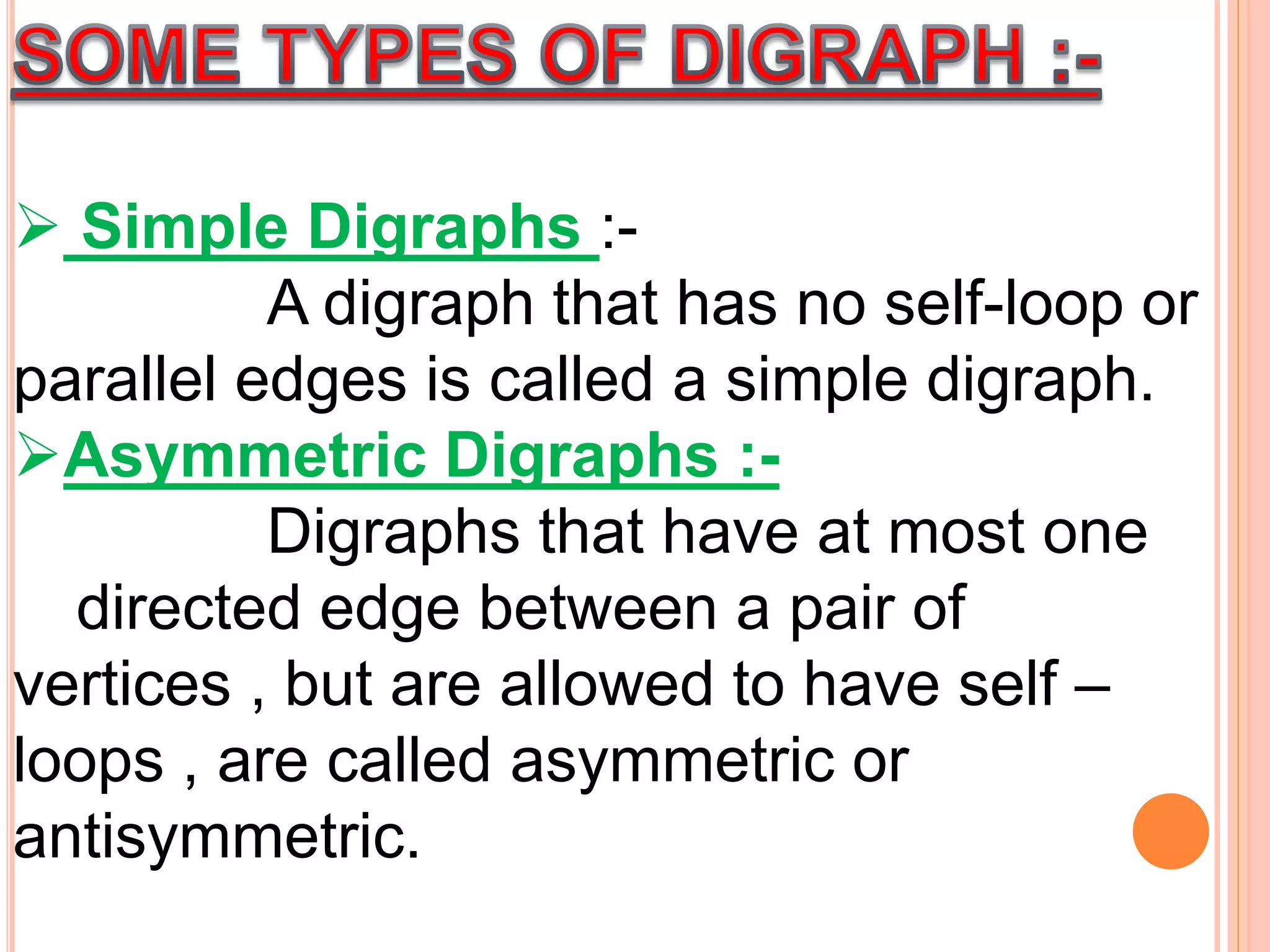  Simple Digraphs :-
A digraph that has no self-loop or
parallel edges is called a simple digraph.
Asymmetric Digraphs :-
Digraphs that have at most one
directed edge between a pair of
vertices , but are allowed to have self –
loops , are called asymmetric or
antisymmetric.
 