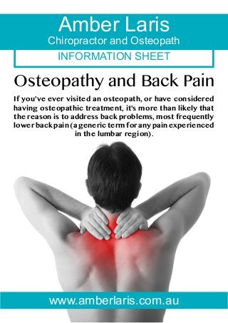 Amber Laris

Chiropractor and Osteopath
INFORMATION SHEET

Osteopathy and Back Pain
If you’ve ever visited an osteopath, or have considered
having osteopathic treatment, it’s more than likely that
the reason is to address back problems, most frequently
lower back pain (a generic term for any pain experienced
in the lumbar region).

www.amberlaris.com.au

 