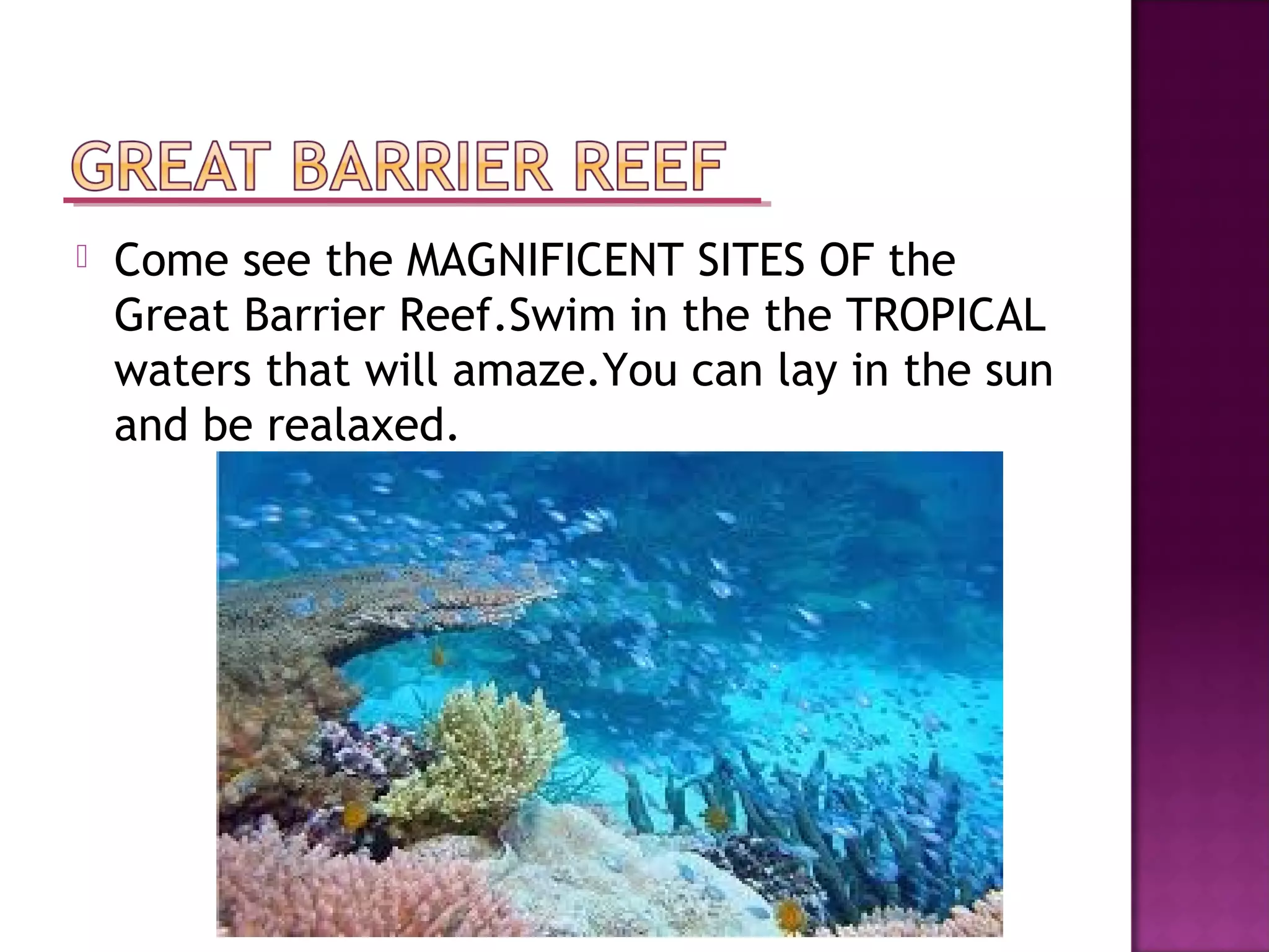  Come see the MAGNIFICENT SITES OF the
Great Barrier Reef.Swim in the the TROPICAL
waters that will amaze.You can lay in the sun
and be realaxed.