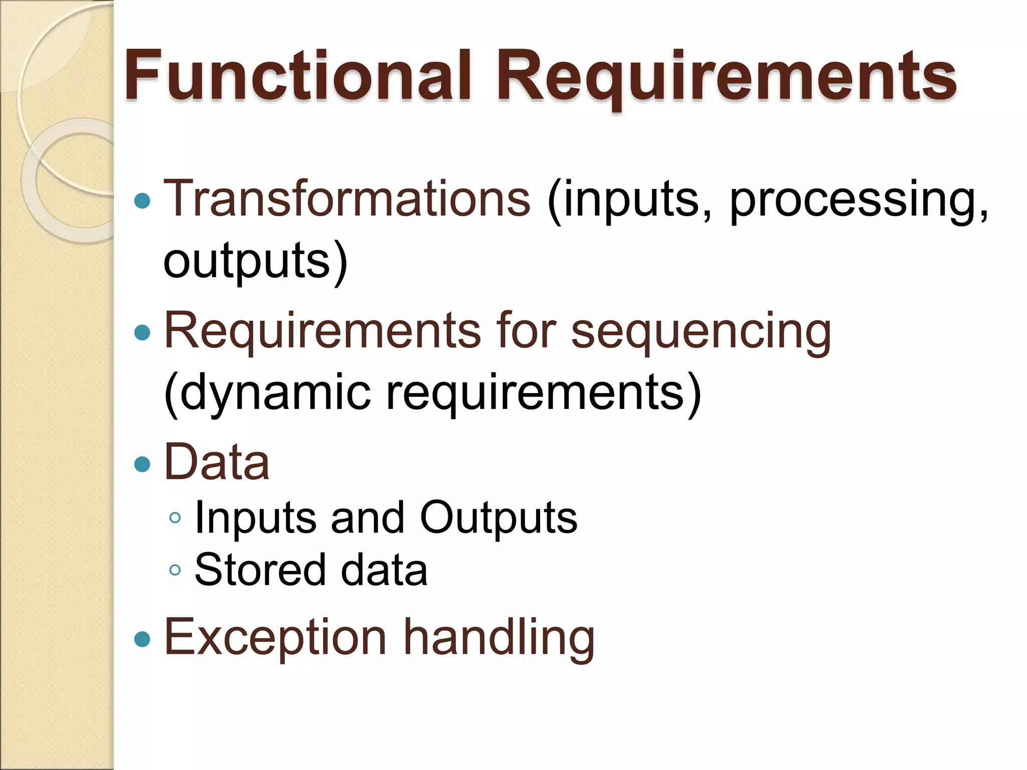 Functional Requirements
 Transformations (inputs, processing,
outputs)
 Requirements for sequencing
(dynamic requirements)
 Data
◦ Inputs and Outputs
◦ Stored data
 Exception handling
 