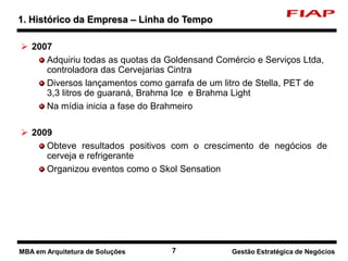 7 Nome do curso 7 Nome-da-disciplina
 2007
Adquiriu todas as quotas da Goldensand Comércio e Serviços Ltda,
controladora das Cervejarias Cintra
Diversos lançamentos como garrafa de um litro de Stella, PET de
3,3 litros de guaraná, Brahma Ice e Brahma Light
Na mídia inicia a fase do Brahmeiro
 2009
Obteve resultados positivos com o crescimento de negócios de
cerveja e refrigerante
Organizou eventos como o Skol Sensation
1. Histórico da Empresa – Linha do Tempo
Gestão Estratégica de NegóciosMBA em Arquitetura de Soluções
 