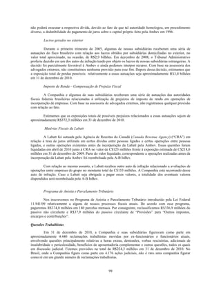 não poderá executar a respectiva dívida, devido ao fato de que tal autoridade homologou, em procedimento
diverso, a dedutibilidade do pagamento de juros sobre o capital próprio feito pela Ambev em 1996.

        Lucros gerados no exterior

         Durante o primeiro trimestre de 2005, algumas de nossas subsidiárias receberam uma séria de
autuações do fisco brasileiro com relação aos lucros obtidos por subsidiárias domiciliadas no exterior, no
valor total aproximado, na ocasião, de R$2,9 bilhões. Em dezembro de 2008, o Tribunal Administrativo
proferiu decisão em um dos autos de infração tendo por objeto os lucros de nossas subsidiárias estrangeiras. A
decisão foi parcialmente favorável à Ambev e ainda podemos interpor recurso. Com base na assessoria dos
advogados externos, não constituímos nenhuma provisão para esse fim. Depois dessa decisão, estimamos que
a exposição total de perdas possíveis relativamente a essas autuações seja aproximadamente R$3,0 bilhões
em 31 de dezembro de 2010.

        Imposto de Renda – Compensação de Prejuízo Fiscal

         A Companhia e algumas de suas subsidiárias receberam uma série de autuações das autoridades
fiscais federais brasileiras relacionadas à utilização de prejuízos de imposto de renda em operações de
incorporação de empresas. Com base na assessoria de advogados externos, não registramos qualquer provisão
com relação ao fato.

       Estimamos que as exposições totais de possíveis prejuízos relacionados a essas autuações sejam de
aproximadamente R$372,3 milhões em 31 de dezembro de 2010.

         Matérias Fiscais da Labatt

         A Labatt foi autuada pela Agência de Receitas do Canadá (Canada Revenue Agency) (―CRA‖) em
relação à taxa de juros utilizada em certas dívidas entre pessoas ligadas e certas operações entre pessoas
ligadas, e outras operações existentes antes da incorporação da Labatt pela Ambev. Essas questões foram
liquidadas em abril de 2010 junto à CRA no valor de C$123 milhões frente à exposição estimada de C$218,0
milhões em 31 de dezembro de 2009. Parte do valor liquidado, correspondente a operações realizadas antes da
incorporação da Labatt pela Ambev foi reembolsada pela A-B InBev.

        Com relação ao mesmo assunto, a Labatt recebeu outro auto de infração relacionado a avaliações de
operações entre empresas do grupo no montante total de C$153 milhões. A Companhia está recorrendo desse
auto de infração. Caso a Labatt seja obrigada a pagar esses valores, a totalidade dos eventuais valores
dispendidos será reembolsada pela A-B InBev.


        Programa de Anistia e Parcelamento Tributário

        Nos inscrevemos no Programa de Anistia e Parcelamento Tributário introduzido pela Lei Federal
11.941/09 relativamente a alguns de nossos processos fiscais atuais. De acordo com esse programa,
pagaremos R$374,8 milhões em 180 parcelas mensais. Por conseguinte, reclassificamos R$336,9 milhões do
passivo não circulante e R$37,9 milhões do passivo circulante de ―Provisões‖ para ―Outros impostos,
encargos e contribuições‖.

Questões Trabalhistas

         Em 31 de dezembro de 2010, a Companhia e suas subsidiárias figuravam como parte em
aproximadamente 4.440 reclamações trabalhistas movidas por ex-funcionários e funcionários atuais,
envolvendo questões principalmente relativas a horas extras, demissões, verbas rescisórias, adicionais de
insalubridade e periculosidade, benefícios de aposentadoria complementar e outras questões, todos os quais
em discussão judicial. Fizemos provisões no total de R$224,3 milhões em 31 de dezembro de 2010. No
Brasil, onde a Companhia figura como parte em 4.176 ações judiciais, não é raro uma companhia figurar
como ré em um grande número de reclamações trabalhistas.


                                                     99
 