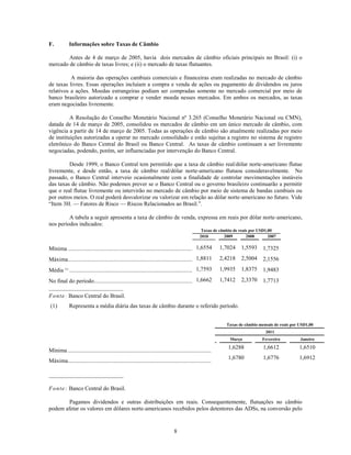 F.           Informações sobre Taxas de Câmbio

        Antes de 4 de março de 2005, havia dois mercados de câmbio oficiais principais no Brasil: (i) o
mercado de câmbio de taxas livres; e (ii) o mercado de taxas flutuantes.

          A maioria das operações cambiais comerciais e financeiras eram realizadas no mercado de câmbio
de taxas livres. Essas operações incluíam a compra e venda de ações ou pagamento de dividendos ou juros
relativos a ações. Moedas estrangeiras podiam ser compradas somente no mercado comercial por meio de
banco brasileiro autorizado a comprar e vender moeda nesses mercados. Em ambos os mercados, as taxas
eram negociadas livremente.

          A Resolução do Conselho Monetário Nacional nº 3.265 (Conselho Monetário Nacional ou CMN),
datada de 14 de março de 2005, consolidou os mercados de câmbio em um único mercado de câmbio, com
vigência a partir de 14 de março de 2005. Todas as operações de câmbio são atualmente realizadas por meio
de instituições autorizadas a operar no mercado consolidado e estão sujeitas a registro no sistema de registro
eletrônico do Banco Central do Brasil ou Banco Central. As taxas de câmbio continuam a ser livremente
negociadas, podendo, porém, ser influenciadas por intervenção do Banco Central.

         Desde 1999, o Banco Central tem permitido que a taxa de câmbio real/dólar norte-americano flutue
livremente, e desde então, a taxa de câmbio real/dólar norte-americano flutuou consideravelmente. No
passado, o Banco Central interveio ocasionalmente com a finalidade de controlar movimentações instáveis
das taxas de câmbio. Não podemos prever se o Banco Central ou o governo brasileiro continuarão a permitir
que o real flutue livremente ou intervirão no mercado de câmbio por meio de sistema de bandas cambiais ou
por outros meios. O real poderá desvalorizar ou valorizar em relação ao dólar norte-americano no futuro. Vide
―Item 3H. — Fatores de Risco — Riscos Relacionados ao Brasil.‖.

         A tabela a seguir apresenta a taxa de câmbio de venda, expressa em reais por dólar norte-americano,
nos períodos indicados:
                                                                                                  Taxas de câmbio de reais por USD1,00
                                                                                                 2010        2009        2008       2007

                                                                                                1,6554 1,7024 1,5593
Mínima ..............................................................................................................................     1,7325
                                                                                               1,8811 2,4218 2,5004
Máxima..............................................................................................................................      2,1556
                                                                                                  1,7593 1,9935 1,8375
Média (1) .............................................................................................................................   1,9483
                                                                                          1,6662 1,7412 2,3370
No final do período............................................................................................................           1,7713
__________________________
Fo n te : Banco Central do Brasil.
 (1)         Representa a média diária das taxas de câmbio durante o referido período.


                                                                                                                   Taxas de câmbio mensais de reais por USD1,00
                                                                                                                                            2011
                                                                                                                     Março                Fevereiro     Janeiro
                                                                                                                      1,6288                   1,6612   1,6510
Mínima .......................................................................................................................................
                                                                                                                      1,6780                   1,6776   1,6912
Máxima.......................................................................................................................................

__________________________

Fo n te: Banco Central do Brasil.

        Pagamos dividendos e outras distribuições em reais. Consequentemente, flutuações no câmbio
podem afetar os valores em dólares norte-americanos recebidos pelos detentores das ADSs, na conversão pelo


                                                                                 8
 