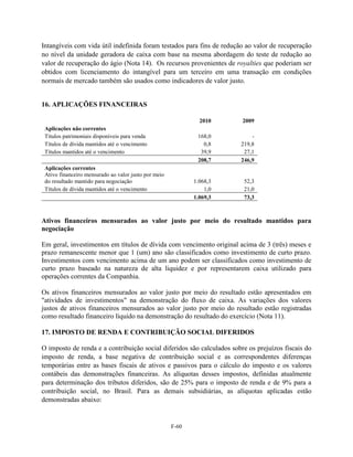 Intangíveis com vida útil indefinida foram testados para fins de redução ao valor de recuperação
no nível da unidade geradora de caixa com base na mesma abordagem do teste de redução ao
valor de recuperação do ágio (Nota 14). Os recursos provenientes de royalties que poderiam ser
obtidos com licenciamento do intangível para um terceiro em uma transação em condições
normais de mercado também são usados como indicadores de valor justo.


16. APLICAÇÕES FINANCEIRAS

                                                               2010     2009
 Aplicações não correntes
 Títulos patrimoniais disponíveis para venda                  168,0        -
 Títulos de dívida mantidos até o vencimento                    0,8    219,8
 Títulos mantidos até o vencimento                             39,9     27,1
                                                              208,7    246,9
 Aplicações correntes
 Ativo financeiro mensurado ao valor justo por meio
 do resultado mantido para negociação                        1.068,3    52,3
 Títulos de dívida mantidos até o vencimento                     1,0    21,0
                                                             1.069,3    73,3



Ativos financeiros mensurados ao valor justo por meio do resultado mantidos para
negociação

Em geral, investimentos em títulos de dívida com vencimento original acima de 3 (três) meses e
prazo remanescente menor que 1 (um) ano são classificados como investimento de curto prazo.
Investimentos com vencimento acima de um ano podem ser classificados como investimento de
curto prazo baseado na natureza de alta liquidez e por representarem caixa utilizado para
operações correntes da Companhia.

Os ativos financeiros mensurados ao valor justo por meio do resultado estão apresentados em
"atividades de investimentos" na demonstração do fluxo de caixa. As variações dos valores
justos de ativos financeiros mensurados ao valor justo por meio do resultado estão registradas
como resultado financeiro líquido na demonstração do resultado do exercício (Nota 11).

17. IMPOSTO DE RENDA E CONTRIBUIÇÃO SOCIAL DIFERIDOS

O imposto de renda e a contribuição social diferidos são calculados sobre os prejuízos fiscais do
imposto de renda, a base negativa de contribuição social e as correspondentes diferenças
temporárias entre as bases fiscais de ativos e passivos para o cálculo do imposto e os valores
contábeis das demonstrações financeiras. As alíquotas desses impostos, definidas atualmente
para determinação dos tributos diferidos, são de 25% para o imposto de renda e de 9% para a
contribuição social, no Brasil. Para as demais subsidiárias, as alíquotas aplicadas estão
demonstradas abaixo:


                                                      F-60
 