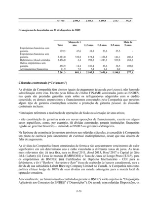6.770,5       2.606,3    2.416,1    1.190,0     215,7      342,4



Cronograma de desembolso em 31 de dezembro de 2009



                                          Menos de 1                                    Mais de
                               Total        ano        1-2 anos   2-3 anos   3-5 anos   5 anos
 Empréstimos bancários com
 garantia                        139,5          47,6       38,8       27,6       25,5             -
 Empréstimos bancários sem
 garantia                       3.285,0        728,8      878,4    1.326,8      144,1      206,8
 Debêntures e Bonds emitidos    3.456,0          2,4      998,3    1.247,1      939,8      268,3
 Outros empréstimos sem
 garantia                         358,9         14,4      180,4       23,6       38,5      102,0
 Arrendamentos financeiros         21,9          7,9        7,4        6,4        0,2          -
                                7.261,3        801,1    2.103,3    2.631,6    1.148,1      577,1



Cláusulas contratuais (“Covenants”)

As dívidas da Companhia têm direitos iguais de pagamento (clausula pari passu), não havendo
subordinação entre elas. Exceto pelas linhas de crédito FINAME contratadas junto ao BNDES,
nas quais são prestadas garantias reais sobre os refrigeradores adquiridos com o crédito
concedido, os demais empréstimos e financiamentos contratados pela Companhia que prevêem
algum tipo de garantia contemplam somente a prestação de garantia pessoal. As cláusulas
contratuais incluem:

• limitações referentes a realização de operações de fusão ou alienação de seus ativos;

• não constituição de garantias reais em novas operações de financiamento, exceto em alguns
casos específicos, como, por exemplo, (i) dívidas contratadas perante instituições financeiras
ligadas ao governo brasileiro – incluindo o BNDES ou governos estrangeiros.

Na hipótese de ocorrência de eventos previstos nas referidas cláusulas, é concedido à Companhia
um prazo de carência para saneamento de eventual inadimplemento, desde que não decorra de
falta de pagamento.

As dívidas da Companhia foram estruturadas de forma a não concentrarem vencimentos de valor
significativo em um determinado ano e estão vinculadas a diferentes taxas de juros. As taxas
mais relevantes são: (i) taxa fixa, para os Bond 2011, Bond 2013, Bond 2017 e Capital de Giro
BRL (Labatt); (ii) Cesta de moedas (UMBNDES) e Taxa de Juros de Longo Prazo (TJLP), para
os empréstimos do BNDES; (iii) Certificados de Depósito Interbancário - CDI para as
debêntures; e (iv) ―Bankers’ Acceptance Rate‖ (taxa de aceitação de bancos canadenses), para a
dívida de sua subsidiária Labatt Brewing Company Limited no Canadá. A Companhia tem como
política efetuar hedge de 100% da suas dívidas em moeda estrangeira para a moeda local da
operação tomadora.

Adicionalmente, os financiamentos contratados perante o BNDES estão sujeitos às ―Disposições
Aplicáveis aos Contratos do BNDES‖ (―Disposições‖). De acordo com referidas Disposições, os

                                                F-79
 