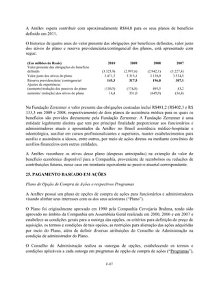 A AmBev espera contribuir com aproximadamente R$84,0 para os seus planos de benefício
definido em 2011.

O historico de quatro anos do valor presente das obrigações por beneficios definidos, valor justo
dos ativos do plano e reserva previdenciária/contingencial dos planos, está apresentado com
segue:

(Em milhões de Reais)                            2010        2009          2008         2007
Valor presente das obrigações do benefício
definido                                     (3.325,9)   (2.997,6)     (2.942,1)    (3.227,4)
Valor justo dos ativos do plano                3.471,2     3.315,1       3.138,9      3.534,5
Reserva previdenciária/ contingencial            145,3       317,5         196,8        307,1
Ajustes de experiência:
(aumento)/redução dos passivos do plano       (130,5)      (374,8)        495,5          43,2
aumento/ (redução) dos ativos do plano           14,4        331,0      (645,9)        (34,4)



Na Fundação Zerrenner o valor presente das obrigações custeadas inclui R$481,2 (R$402,3 e R$
333,3 em 2009 e 2008, respectivamente) de dois planos de assistência médica para os quais os
benefícios são providos diretamente pela Fundação Zerrenner. A Fundação Zerrenner é uma
entidade legalmente distinta que tem por principal finalidade proporcionar aos funcionários e
administradores atuais e aposentados da AmBev no Brasil assistência médico-hospitalar e
odontológica, auxiliar em cursos profissionalizantes e superiores, manter estabelecimentos para
auxílio e assistência a idosos, entre outros, por meio de ações diretas ou mediante convênios de
auxílios financeiros com outras entidades.

A AmBev reconhece os ativos desse plano (despesas antecipadas) na extenção do valor do
benefício econômico disponível para a Companhia, proveniente de reembolsos ou reduções de
contribuições futuras, nesse caso em montante equivalente ao passivo atuarial correspondente.

25. PAGAMENTO BASEADO EM AÇÕES

Plano de Opção de Compra de Ações e respectivos Programas

A AmBev possui um plano de opções de compra de ações para funcionários e administradores
visando alinhar seus interesses com os dos seus acionistas (―Plano‖).

O Plano foi originalmente aprovado em 1990 pela Companhia Cervejaria Brahma, tendo sido
aprovado no âmbito da Companhia em Assembleia Geral realizada em 2000, 2006 e em 2007 e
estabelece as condições gerais para a outorga das opções, os critérios para definição do preço de
aquisição, os termos e condições de tais opções, as restrições para alienação das ações adquiridas
por meio do Plano, além de definir diversas atribuições do Conselho de Administração na
condição de administrador do Plano.

O Conselho de Administração realiza as outorgas de opções, estabelecendo os termos e
condições aplicáveis a cada outorga em programas de opção de compra de ações (―Programas‖),

                                               F-87
 