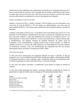 substancial das ações adquiridas esta condicionada a permanência na Companhia pelo prazo de 5
anos a contar da data do exercício; (ii) no segundo tipo de outorga, o Beneficiário pode exercer
as opções após um prazo de cinco anos. Alem disso, neste novo modelo o exercício das opções
não esta condicionado ao atendimento de metas de desempenho da Companhia.

Opções outorgadas no exercício de 2010

Durante o exercício de 2010, a AmBev concedeu 5.788 mil opções aos seus funcionários, com
valor justo de cerca de R$108,4, e 837 mil opções aos administradores, com valor justo de
aproximadamente R$15,7. Tais valores serão reconhecidos pela Companhia durante o período de
aquisição.

Conforme mencionado na Nota 22 (i), a Assembleia Geral Extraordinária que ocorreu em 17 de
dezembro de 2010 deliberou o desdobramento das ações de emissão da Companhia por meio da
qual cada ação ordinária e cada ação preferencial de emissão da Companhia passou a ser
representada por 5 (cinco) ações ordinárias e 5 (cinco) ações preferenciais, respectivamente, após
o desdobramento, sem qualquer alteração do montante financeiro do capital social da
Companhia. Com o desdobramento, a relação existente entre as ações emitidas e os ADRs foi
mantida à razão de 1/1, ou seja, cada ADR continuou a ser representado por uma ação ordinária
ou preferencial, conforme o caso. Tal desdobramento foi considerado para fins dos cálculos
demonstrados abaixo (incluindo os Programas de 2008 e 2009).

Valor justo das opções

O valor justo dessa remuneração com pagamento baseado em ações é estimado, na data de
concessão, com o uso do modelo binomial de Hull, alterado para refletir a determinação da IFRS
2, Pagamento baseado em ações, segundo a qual as premissas relativas ao cancelamento antes
do término do período de carência não podem afetar o valor justo da opção.

O valor justo das opções concedidas é contabilizado como despesa ao longo do período de
carência.

O valor justo médio ponderado das opções e premissas utilizadas na aplicação do modelo de
precificação de opção da AmBev para as outorgas de 2010 estão demonstrados abaixo:
                                                                      (i)           (ii)             (ii)                   (ii)
Em R$                                                              2010         2009 B           2009 A                   2008
Valor justo das opções concedidas                                 18,74           18,11            13,25                 16,71
Preço da ação                                                     40,14           26,80            19,59                 26,84
Preço de exercício                                                40,94           26,01            18,46                 24,99
Estimativa de volatilidade                                       28,4%           45,1%            48,2%                 33,0%
Carência (em anos)                                                     5              5                5                      5
Estimativa de dividendos                                       0% to 5%                -                -                      -
Taxa de juros livre de risco                                     12,2%           12,6%            11,8%                 12,5%

(i) As informações de 2010 são médias ponderadas dos planos concedidos em 2010, exceto pela estimativa de dividendos.



                                                           F-89
 