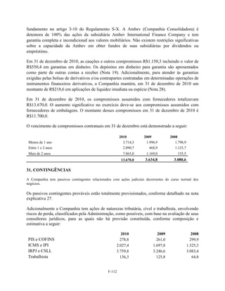 fundamento no artigo 3-10 do Regulamento S-X. A Ambev (Companhia Consolidadora) é
detentora de 100% das ações da subsidiária Ambev International Finance Company e tem
garantia completa e incondicional aos valores mobiliários. Não existem restrições significativas
sobre a capacidade da Ambev em obter fundos de suas subsidiárias por dividendos ou
empréstimo.

Em 31 de dezembro de 2010, as cauções e outros compromissos R$1.150,3 incluindo o valor de
R$550,4 em garantias em dinheiro. Os depósitos em dinheiro para garantia são apresentados
como parte de outras contas a receber (Nota 19). Adicionalmente, para atender às garantias
exigidas pelas bolsas de derivativos e/ou contrapartes contratadas em determinadas operações de
instrumentos financeiros derivativos, a Companhia mantém, em 31 de dezembro de 2010 um
montante de R$218,6 em aplicações de liquidez imediata ou espécie (Nota 28).

Em 31 de dezembro de 2010, os compromissos assumidos com fornecedores totalizavam
R$13.670,0. O aumento significativo no exercício deve-se aos compromissos assumidos com
fornecedores de embalagens. O montante desses compromissos em 31 de dezembro de 2010 é
R$11.700,0.

O vencimento de compromissos contratuais em 31 de dezembro está demonstrado a seguir:

                                                        2010         2009            2008
 Menos de 1 ano                                           3.714,3     1.996,9           1.798,9
 Entre 1 e 2 anos                                         2.090,7       468,9           1.125,7
 Mais de 2 anos                                           7.865,0      1.169,0           155,5
                                                         13.670,0     3.634,8          3.080,6

31. CONTINGÊNCIAS

A Companhia tem passivos contingentes relacionados com ações judiciais decorrentes do curso normal dos
negócios.

Os passivos contingentes prováveis estão totalmente provisionados, conforme detalhado na nota
explicativa 27.

Adicionalmente a Companhia tem ações de naturezas tributária, cível e trabalhista, envolvendo
riscos de perda, classificados pela Administração, como possíveis, com base na avaliação de seus
consultores jurídicos, para as quais não há provisão constituída, conforme composição e
estimativa a seguir:

                                                        2010                  2009                   2008
 PIS e COFINS                                          278,8                 261,0                  299,9
 ICMS e IPI                                          2.027,4               1.697,8                1.325,3
 IRPJ e CSLL                                         3.759,8               3.246,6                3.083,4
 Trabalhista                                           136,3                 125,8                    64,8


                                                F-112
 