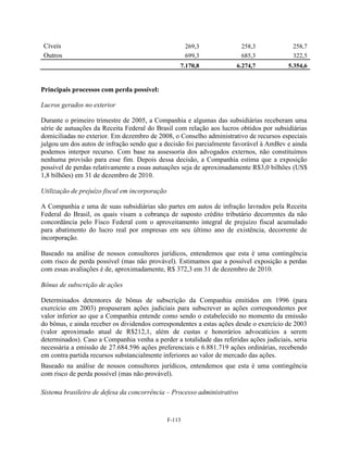 Cíveis                                                  269,3            258,3            258,7
Outros                                                  699,3            685,3            322,5
                                                    7.170,8           6.274,7            5.354,6


Principais processos com perda possível:

Lucros gerados no exterior

Durante o primeiro trimestre de 2005, a Companhia e algumas das subsidiárias receberam uma
série de autuações da Receita Federal do Brasil com relação aos lucros obtidos por subsidiárias
domiciliadas no exterior. Em dezembro de 2008, o Conselho administrativo de recursos especiais
julgou um dos autos de infração sendo que a decisão foi parcialmente favorável à AmBev e ainda
podemos interpor recurso. Com base na assessoria dos advogados externos, não constituímos
nenhuma provisão para esse fim. Depois dessa decisão, a Companhia estima que a exposição
possível de perdas relativamente a essas autuações seja de aproximadamente R$3,0 bilhões (US$
1,8 bilhões) em 31 de dezembro de 2010.

Utilização de prejuízo fiscal em incorporação

A Companhia e uma de suas subsidiárias são partes em autos de infração lavrados pela Receita
Federal do Brasil, os quais visam a cobrança de suposto crédito tributário decorrentes da não
concordância pelo Fisco Federal com o aproveitamento integral de prejuízo fiscal acumulado
para abatimento do lucro real por empresas em seu último ano de existência, decorrente de
incorporação.

Baseado na análise de nossos consultores jurídicos, entendemos que esta é uma contingência
com risco de perda possível (mas não provável). Estimamos que a possível exposição a perdas
com essas avaliações é de, aproximadamente, R$ 372,3 em 31 de dezembro de 2010.

Bônus de subscrição de ações

Determinados detentores de bônus de subscrição da Companhia emitidos em 1996 (para
exercício em 2003) propuseram ações judiciais para subscrever as ações correspondentes por
valor inferior ao que a Companhia entende como sendo o estabelecido no momento da emissão
do bônus, e ainda receber os dividendos correspondentes a estas ações desde o exercício de 2003
(valor aproximado atual de R$212,1, além de custas e honorários advocatícios a serem
determinados). Caso a Companhia venha a perder a totalidade das referidas ações judiciais, seria
necessária a emissão de 27.684.596 ações preferenciais e 6.881.719 ações ordinárias, recebendo
em contra partida recursos substancialmente inferiores ao valor de mercado das ações.
Baseado na análise de nossos consultores jurídicos, entendemos que esta é uma contingência
com risco de perda possível (mas não provável).

Sistema brasileiro de defesa da concorrência – Processo administrativo



                                                F-113
 