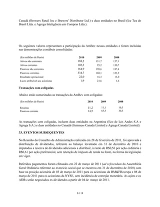Canadá (Brewers Retail Inc e Brewers' Distributor Ltd.) e duas entidades no Brasil (Ice Tea do
Brasil Ltda. e Agrega Inteligência em Compras Ltda.).




Os seguintes valores representam a participação da AmBev nessas entidades e foram incluídas
nas demonstrações contábeis consolidadas:

(Em milhões de Reais)                          2010           2009         2008
Ativos não correntes                          188,2          131,7        157,1
Ativos correntes                              102,2           95,2        130,7
Passivos não correntes                        164,9          198,6        187,4
Passivos correntes                            334,7          160,1        123,9
Resultado operacional                          22,0           16,3         13,0
Lucro atribuível aos acionistas                 1,9           23,6          1,6

Transações com coligadas

Abaixo estão sumarizadas as transações da AmBev com coligadas:

(Em milhões de Reais)                                 2010       2009         2008

Receitas                                              11,2       11,1          10,5
Passivos corrente                                     14,5       65,5          30,3



As transações com coligadas, incluem duas entidades na Argentina (Eco de Los Andes S.A e
Agrega S.A.) e duas entidades no Canadá (Guinness Canada Limited e Agrega Canada Limited).

33. EVENTOS SUBSEQUENTES

Na Reunião do Conselho da Administração realizada em 28 de fevereiro de 2011, foi aprovada a
distribuição de dividendos, referente ao balanço levantado em 31 de dezembro de 2010 e
imputados a reserva de dividendos adicionais a distribuir, à razão de R$0,56 por ação ordinária e
R$0,61 por ação preferencial, sem retenção de imposto de renda na fonte, na forma da legislação
em vigor.

Referidos pagamentos foram efetuados em 22 de março de 2011 (ad referendum da Assembleia
Geral Ordinária referente ao exercício social que se encerrou em 31 de dezembro de 2010) com
base na posição acionária de 03 de março de 2011 para os acionistas da BM&FBovespa e 08 de
março de 2011 para os acionistas da NYSE, sem incidência de correção monetária. As ações e os
ADRs serão negociados ex-dividendos a partir de 04 de março de 2011.



                                              F-118
 