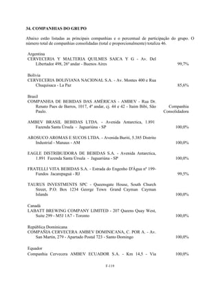 34. COMPANHIAS DO GRUPO

Abaixo estão listadas as principais companhias e o percentual de participação do grupo. O
número total de companhias consolidadas (total e proporcionalmente) totaliza 46.

Argentina
CERVECERIA Y MALTERIA QUILMES SAICA Y G - Av. Del
    Libertador 498, 26º andar - Buenos Aires                                      99,7%

Bolívia
CERVECERIA BOLIVIANA NACIONAL S.A. - Av. Montes 400 e Rua
    Chuquisaca - La Paz                                                           85,6%

Brasil
COMPANHIA DE BEBIDAS DAS AMÉRICAS - AMBEV - Rua Dr.
    Renato Paes de Barros, 1017, 4º andar, cj. 44 e 42 - Itaim Bibi, São     Companhia
    Paulo.                                                                 Consolidadora

AMBEV BRASIL BEBIDAS LTDA. - Avenida Antarctica, 1.891
  Fazenda Santa Úrsula - Jaguariúna - SP                                         100,0%

AROSUCO AROMAS E SUCOS LTDA. - Avenida Buriti, 5.385 Distrito
   Industrial - Manaus - AM                                                      100,0%

EAGLE DISTRIBUIDORA DE BEBIDAS S.A. - Avenida Antarctica,
   1.891 Fazenda Santa Úrsula - Jaguariúna - SP                                  100,0%

FRATELLI VITA BEBIDAS S.A. - Estrada do Engenho D'Água nº 199-
   Fundos Jacarepaguá - RJ                                                        99,5%

TAURUS INVESTMENTS SPC - Queensgate House, South Church
   Street, P.O. Box 1234 George Town Grand Cayman Cayman
   Islands                                                                       100,0%

Canadá
LABATT BREWING COMPANY LIMITED - 207 Queens Quay West,
    Suite 299 - M5J 1A7 - Toronto                                                100,0%

República Dominicana
COMPAÑIA CERVECERA AMBEV DOMINICANA, C. POR A. - Av.
    San Martin, 279 - Apartado Postal 723 - Santo Domingo                        100,0%

Equador
Companhia Cervecera AMBEV ECUADOR S.A. - Km 14,5 - Vía                           100,0%

                                           F-119
 