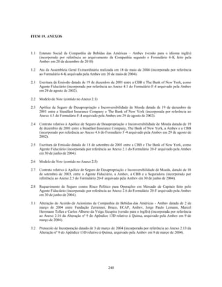 ITEM 19. ANEXOS



1.1   Estatuto Social da Companhia de Bebidas das Américas – Ambev (versão para o idioma inglês)
      (incorporado por referência ao arquivamento da Companhia segundo o Formulário 6-K feito pela
      Ambev em 20 de dezembro de 2010)

1.2   Ata da Assembleia Geral Extraordinária realizada em 18 de maio de 2004 (incorporada por referência
      ao Formulário 6-K arquivado pela Ambev em 20 de maio de 2004).

2.1   Escritura de Emissão datada de 19 de dezembro de 2001 entre a CBB e The Bank of New York, como
      Agente Fiduciário (incorporada por referência ao Anexo 4.1 do Formulário F-4 arquivado pela Ambev
      em 29 de agosto de 2002).

2.2   Modelo de Note (contido no Anexo 2.1)

2.3   Apólice de Seguro de Desapropriação e Inconversibilidade de Moeda datada de 19 de dezembro de
      2001 entre a Steadfast Insurance Company e The Bank of New York (incorporada por referência ao
      Anexo 4.5 do Formulário F-4 arquivado pela Ambev em 29 de agosto de 2002).

2.4   Contrato relativo à Apólice de Seguro de Desapropriação e Inconversibilidade de Moeda datada de 19
      de dezembro de 2001 entre a Steadfast Insurance Company, The Bank of New York, a Ambev e a CBB
      (incorporado por referência ao Anexo 4.6 do Formulário F-4 arquivado pela Ambev em 29 de agosto de
      2002).

2.5   Escritura de Emissão datada de 18 de setembro de 2003 entre a CBB e The Bank of New York, como
      Agente Fiduciário (incorporada por referência ao Anexo 2.1 do Formulário 20-F arquivado pela Ambev
      em 30 de junho de 2004).

2.6   Modelo de Note (contido no Anexo 2.5)

2.7   Contrato relativo à Apólice de Seguro de Desapropriação e Inconversibilidade de Moeda, datado de 18
      de setembro de 2003, entre o Agente Fiduciário, a Ambev, a CBB e a Seguradora (incorporado por
      referência ao Anexo 2.5 do Formulário 20-F arquivado pela Ambev em 30 de junho de 2004).

2.8   Requerimento de Seguro contra Risco Político para Operações em Mercado de Capitais feito pelo
      Agente Fiduciário (incorporado por referência ao Anexo 2.6 do Formulário 20-F arquivado pela Ambev
      em 30 de junho de 2004).

3.1   Alteração do Acordo de Acionistas da Companhia de Bebidas das Américas - Ambev datada de 2 de
      março de 2004 entre Fundação Zerrenner, Braco, ECAP, Ambev, Jorge Paulo Lemann, Marcel
      Herrmann Telles e Carlos Alberto da Veiga Sicupira (versão para o inglês) (incorporada por referência
      ao Anexo 2.16 da Alteração nº 9 do Apêndice 13D relativo à Quinsa, arquivado pela Ambev em 9 de
      março de 2004).

3.2   Protocolo de Incorporação datado de 3 de março de 2004 (incorporado por referência ao Anexo 2.13 da
      Alteração nº 9 do Apêndice 13D relativo à Quinsa, arquivado pela Ambev em 9 de março de 2004).




                                                   240
 
