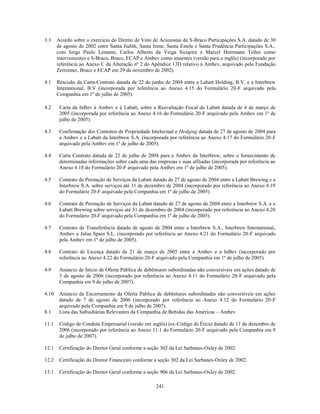 3.3    Acordo sobre o exercício do Direito de Voto de Acionistas da S-Braco Participações S.A. datado de 30
       de agosto de 2002 entre Santa Judith, Santa Irene, Santa Estela e Santa Prudência Participações S.A.,
       com Jorge Paulo Lemann, Carlos Alberto da Veiga Sicupira e Marcel Herrmann Telles como
       intervenientes e S-Braco, Braco, ECAP e Ambev como anuentes (versão para o inglês) (incorporado por
       referência ao Anexo C da Alteração nº 2 do Apêndice 13D relativo à Ambev, arquivado pela Fundação
       Zerrenner, Braco e ECAP em 29 de novembro de 2002).

4.1    Rescisão da Carta-Contrato datada de 22 de junho de 2004 entre a Labatt Holding, B.V. e a Interbrew
       International, B.V (incorporada por referência ao Anexo 4.15 do Formulário 20-F arquivado pela
       Companhia em 1º de julho de 2005).

4.2     Carta da InBev à Ambev e à Labatt, sobre a Reavaliação Fiscal da Labatt datada de 4 de março de
        2005 (incorporada por referência ao Anexo 4.16 do Formulário 20-F arquivado pela Ambev em 1º de
        julho de 2005).

4.3     Confirmação dos Contratos de Propriedade Intelectual e Hedging datada de 27 de agosto de 2004 para
        a Ambev e a Labatt da Interbrew S.A. (incorporada por referência ao Anexo 4.17 do Formulário 20-F
        arquivado pela Ambev em 1º de julho de 2005).

4.4     Carta Contrato datada de 22 de julho de 2004 para a Ambev da Interbrew, sobre o fornecimento de
        determinadas informações sobre cada uma das empresas e suas afiliadas (incorporada por referência ao
        Anexo 4.18 do Formulário 20-F arquivado pela Ambev em 1º de julho de 2005).

4.5     Contrato de Prestação de Serviços da Labatt datado de 27 de agosto de 2004 entre a Labatt Brewing e a
        Interbrew S.A. sobre serviços até 31 de dezembro de 2004 (incorporado por referência ao Anexo 4.19
        do Formulário 20-F arquivado pela Companhia em 1º de julho de 2005).

4.6     Contrato de Prestação de Serviços da Labatt datado de 27 de agosto de 2004 entre a Interbrew S.A. e a
        Labatt Brewing sobre serviços até 31 de dezembro de 2004 (incorporado por referência ao Anexo 4.20
        do Formulário 20-F arquivado pela Companhia em 1º de julho de 2005).

4.7     Contrato de Transferência datado de agosto de 2004 entre a Interbrew S.A., Interbrew International,
        Ambev e Jalua Spain S.L. (incorporado por referência ao Anexo 4.21 do Formulário 20-F arquivado
        pela Ambev em 1º de julho de 2005).

4.8     Contrato de Licença datado de 21 de março de 2005 entre a Ambev e a InBev (incorporado por
        referência ao Anexo 4.22 do Formulário 20-F arquivado pela Companhia em 1º de julho de 2005).

4.9     Anúncio de Início de Oferta Pública de debêntures subordinadas não conversíveis em ações datado de
        3 de agosto de 2006 (incorporado por referência ao Anexo 4.11 do Formulário 20-F arquivado pela
        Companhia em 9 de julho de 2007).

4.10    Anúncio de Encerramento da Oferta Pública de debêntures subordinadas não conversíveis em ações
        datado de 7 de agosto de 2006 (incorporado por referência ao Anexo 4.12 do Formulário 20-F
        arquivado pela Companhia em 9 de julho de 2007).
8.1     Lista das Subsidiárias Relevantes da Companhia de Bebidas das Américas – Ambev

11.1    Código de Conduta Empresarial (versão em inglês) (ex-Código de Ética) datado de 11 de dezembro de
        2006 (incorporado por referência ao Anexo 11.1 do Formulário 20-F arquivado pela Companhia em 9
        de julho de 2007).

12.1    Certificação do Diretor Geral conforme a seção 302 da Lei Sarbanes-Oxley de 2002.

12.2    Certificação do Diretor Financeiro conforme a seção 302 da Lei Sarbanes-Oxley de 2002.

13.1    Certificação do Diretor Geral conforme a seção 906 da Lei Sarbanes-Oxley de 2002.

                                                     241
 