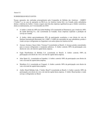 Anexo 8.1

SUBSIDIÁRIAS RELEVANTES

Nossas operações são realizadas principalmente pela Companhia de Bebidas das Américas - AMBEV
(―Ambev‖) e, no caso de operações na HILA-ex, na América Latina Sul e no Canadá, pelas subsidiárias
diretas e indiretas da Ambev. Consta a seguir uma lista das empresas significativas que a Ambev controlava,
direta ou indiretamente, em 31 de dezembro de 2010:

        A Ambev é titular de 100% da Labatt Holding A/S (constituída na Dinamarca), que é titular de 100%
        da Labatt Brewing Co., Ltd. (constituída no Canadá). Essas empresas exploram a produção de
        cerveja no Canadá.

        A Ambev detém aproximadamente 99% da participação econômica e com direito de voto da
        Quilmes International (Bermuda) Ltd. (―QIB‖). A QIB, por intermédio de suas subsidiárias, produz e
        vende cerveja e refrigerantes na Argentina e em outros países da América do Sul.

        Arosuco Aromas e Sucos Ltda. (―Arosuco‖) (constituída no Brasil). A Arosuco produz concentrados
        para os nossos refrigerantes e recipientes plásticos. A Ambev controla 100% da participação com
        direito de voto e do total do capital desta empresa.

        Eagle Distribuidora de Bebidas S.A. (constituída no Brasil). A Ambev controla 100% da
        participação com direito de voto e do total do capital desta empresa.

        Jalua Spain S.L. (constituída na Espanha). A Ambev controla 100% da participação com direito de
        voto e do total do capital desta empresa.

        Monthiers S.A. (constituída no Uruguai). A Ambev controla 100% da participação com direito de
        voto e do total do capital desta empresa.

        Ambev Brasil Bebidas Ltda. (―Ambev Brasil‖) (constituída no Brasil). A Ambev controla 100% da
        participação com direito de voto e do total do capital desta empresa. A Ambev Brasil produz e vende
        cerveja e refrigerantes no Brasil.
 