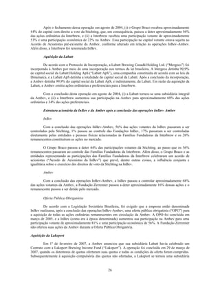 Após o fechamento dessa operação em agosto de 2004, (i) o Grupo Braco recebeu aproximadamente
44% do capital com direito a voto da Stichting, que, em consequência, passou a deter aproximadamente 56%
das ações ordinárias da Interbrew, e (ii) a Interbrew recebeu uma participação votante de aproximadamente
53% e uma participação econômica de 22% na Ambev. Essa participação no capital votante estava sujeita ao
Acordo de Acionistas pré-existente da Ambev, conforme alterado em relação às operações InBev-Ambev.
Além disso, a Interbrew foi renomeada InBev.

        Aquisição da Labatt

         De acordo com o Protocolo de Incorporação, a Labatt Brewing Canadá Holding Ltd. (―Mergeco‖) foi
incorporada à Ambev por meio de uma incorporação nos termos da lei brasileira. A Mergeco detinha 99,9%
do capital social da Labatt Holding ApS (―Labatt ApS‖), uma companhia constituída de acordo com as leis da
Dinamarca, e a Labatt ApS detinha a totalidade do capital social da Labatt. Após a conclusão da incorporação,
a Ambev detinha 99,9% do capital social da Labatt ApS, e indiretamente, da Labatt. Em razão da aquisição da
Labatt, a Ambev emitiu ações ordinárias e preferenciais para a Interbrew.

         Com a conclusão desta operação em agosto de 2004, (i) a Labatt tornou-se uma subsidiária integral
da Ambev, e (ii) a Interbrew aumentou sua participação na Ambev para aproximadamente 68% das ações
ordinárias e 34% das ações preferenciais.

        Estrutura acionária da InBev e da Ambev após a conclusão das operações InBev- Ambev

        InBev

         Com a conclusão das operações InBev-Ambev, 56% das ações votantes da InBev passaram a ser
controladas pela Stichting, 1% passou ao controle das Fundações InBev, 17% passaram a ser controladas
diretamente pelas entidades e pessoas físicas relacionadas às Famílias Fundadoras da Interbrew e os 26%
remanescentes constituíram as ações no mercado.

          O Grupo Braco passou a deter 44% das participações votantes da Stichting, ao passo que os 56%
remanescentes passaram ao controle das Famílias Fundadoras da Interbrew. Além disso, o Grupo Braco e as
entidades representando as participações das Famílias Fundadoras da Interbrew celebraram um acordo de
acionistas (―Acordo de Acionistas da InBev‖) que prevê, dentre outras coisas, a influência conjunta e
igualitária sobre o exercício dos direitos de voto da Stichting na InBev.

        Ambev

        Com a conclusão das operações InBev-Ambev, a InBev passou a controlar aproximadamente 68%
das ações votantes da Ambev, a Fundação Zerrenner passou a deter aproximadamente 16% dessas ações e o
remanescente passou a ser detido pelo mercado.

        Oferta Pública Obrigatória

         De acordo com a Legislação Societária Brasileira, foi exigido que a empresa então denominada
InBev realizasse, após a conclusão das operações InBev-Ambev, uma oferta pública obrigatória (―OPO‖) para
a aquisição de todas as ações ordinárias remanescentes em circulação da Ambev. A OPO foi concluída em
março de 2005, e a InBev (como era à época denominada) aumentou sua participação na Ambev para uma
participação votante de aproximadamente 81% e uma participação econômica de 56%. A Fundação Zerrenner
não ofertou suas ações da Ambev durante a Oferta Pública Obrigatória.

Aquisição da Lakeport

        Em 1º de fevereiro de 2007, a Ambev anunciou que sua subsidiária Labatt havia celebrado um
Contrato com a Lakeport Brewing Income Fund (―Lakeport‖). A operação foi concluída em 29 de março de
2007, quando os detentores de quotas ofertaram suas quotas e todas as condições da oferta foram cumpridas.
Subsequentemente à aquisição compulsória das quotas não ofertadas, a Lakeport se tornou uma subsidiária


                                                     26
 