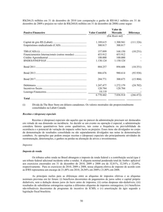 R$(266,5) milhões em 31 de dezembro de 2010 (em comparação a ganho de R$144,1 milhões em 31 de
dezembro de 2009 e prejuízo no valor de R$(268,8) milhões em 31 de dezembro de 2008) como segue:

                                                                                                                     Valor de
 Passivo Financeiro                                                                             Valor Contábil      Mercado        Diferença
                                                                                                                 (Em Reais mil)

 Capital de giro R$ (Labatt) ....................................................                    1.189.615         1.300.941    (111.326)
 Empréstimos sindicalizado (CAD) ........................................                              300.817           300.817            -

 TBS (CAD) (i) .......................................................................                 157.899           168.150     (10.251)
 Financiamentos Internacionais (outras moedas) ....................                                    453.912           453.912            -
 Crédito Agroindustrial ...........................................................                    100.000           100.000            -
 BNDES/FINEP/EGF..............................................................                       1.130.124         1.130.124            -

 Bond 2011 ..............................................................................              884.257           894.608     (10.351)

 Bond 2013 ..............................................................................              886.676           980.614     (93.938)

 Bond 2017 ..............................................................................              284.771           300.675     (15.904)

 Debêntures .............................................................................            1.247.477         1.272.179     (24.702)
 Incentivos fiscais ....................................................................               120.784           120.784            -
 Leasings Financeiros ..............................................................                    14.110                                 -
                                                                                                     6.770.442         7.036.914    (266.472)
 Total ......................................................................................

(i)          Dívida da The Beer Store em dólares canadenses. Os valores mostrados são proporcionalmente
             consolidados na Labatt Canadá.

Receitas e (despesas) especiais

         Receitas e (despesas) especiais são aqueles que no parecer da administração precisam ser destacados
em virtude de sua dimensão ou incidência. Ao decidir se um evento ou operação é especial, a administração
considera fatores quantitativos bem como qualitativos, tais como a frequência ou previsibilidade da
ocorrência e o potencial de variação do impacto sobre lucro ou prejuízo. Esses itens são divulgados no corpo
da demonstração de resultados consolidada ou são separadamente divulgados nas notas às demonstrações
contábeis. As operações que podem ensejar receitas e (despesas) especiais são principalmente atividades de
reestruturação, deteriorações, e ganhos ou perdas na alienação de ativos e investimentos.

Impostos

Imposto de renda

         Os tributos sobre renda no Brasil abrangem o imposto de renda federal e a contribuição social (que é
um tributo federal adicional incidente sobre a renda). A alíquota nominal ponderada total da Ambev aplicável
aos exercícios encerrados em 31 de dezembro de 2010, 2009 e 2008 era de 32,81%, 32,54% e 32,69%,
respectivamente. Para os exercícios de 2010, 2009 e 2008, nossa alíquota efetiva de imposto de acordo com
as IFRS representou um encargo de 21,48% em 2010, 26,94% em 2009 e 21,80% em 2008.

         As principais razões para as diferenças entre as alíquotas de impostos efetivas e as alíquotas
nominais previstas em lei foram: (i) benefícios decorrentes de pagamentos de juros sobre o capital próprio
dedutíveis, sem a dedução desses juros do lucro antes de impostos; (ii) certas despesas não-dedutíveis; (iii)
resultados de subsidiárias estrangeiras sujeitas a diferentes alíquotas de impostos estrangeiros; (iv) benefícios
não-tributáveis decorrentes de programas de incentivo de ICMS; e (v) amortização do ágio segundo a
legislação fiscal brasileira.


                                                                                 50
 
